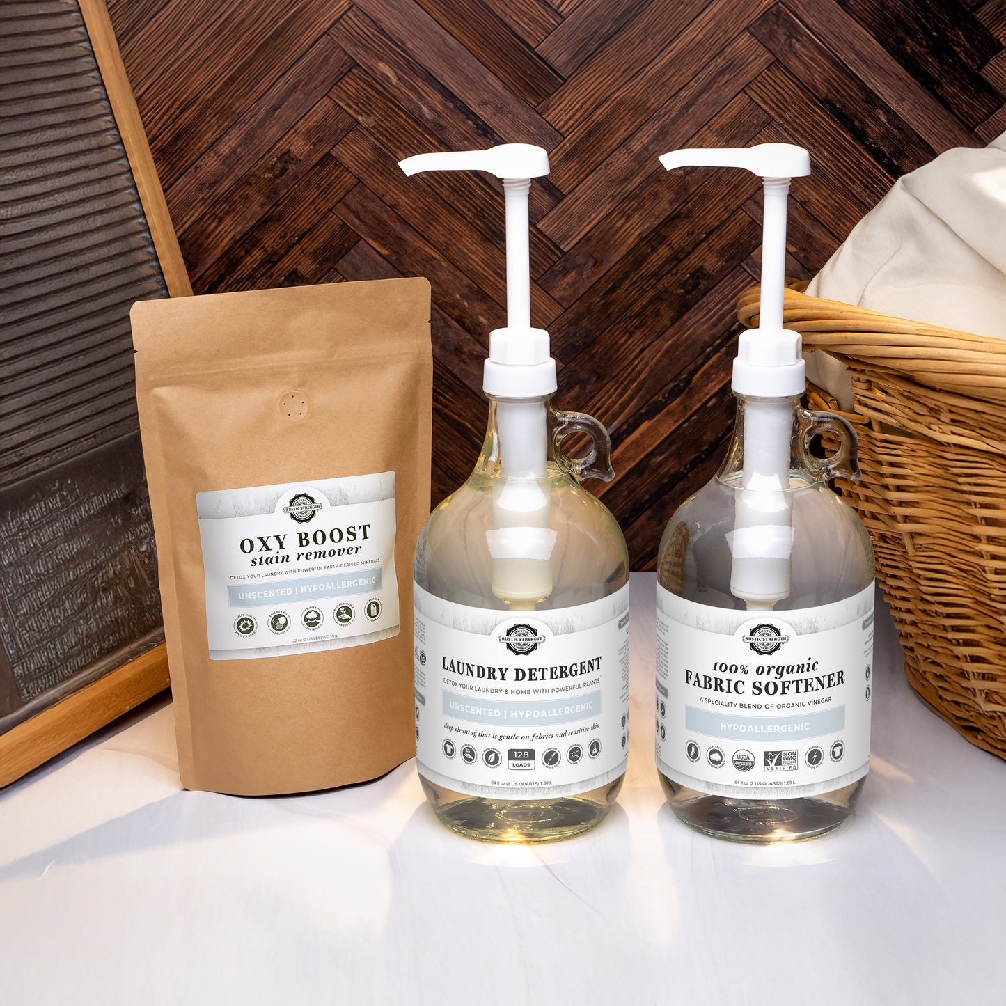 Rustic Strength Laundry Detox Set with glass bottle, unscented laundry detox solution, and cleaning accessories for fresh laundry.