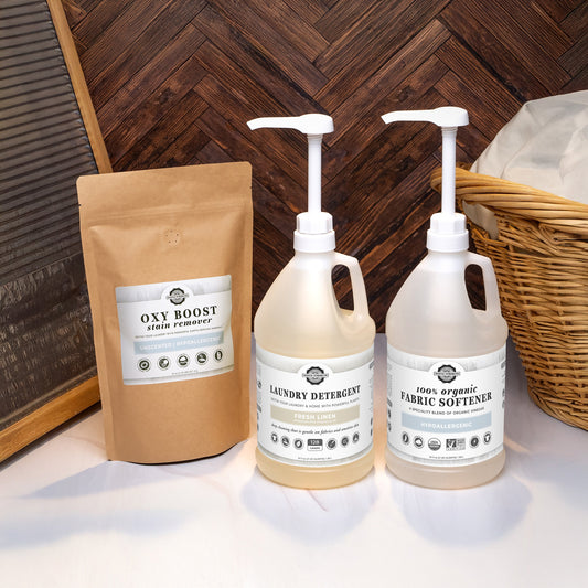 Rustic Strength Laundry Detox Set in plastic with fresh linen scent, featuring bottles and cleaning accessories on a white background.