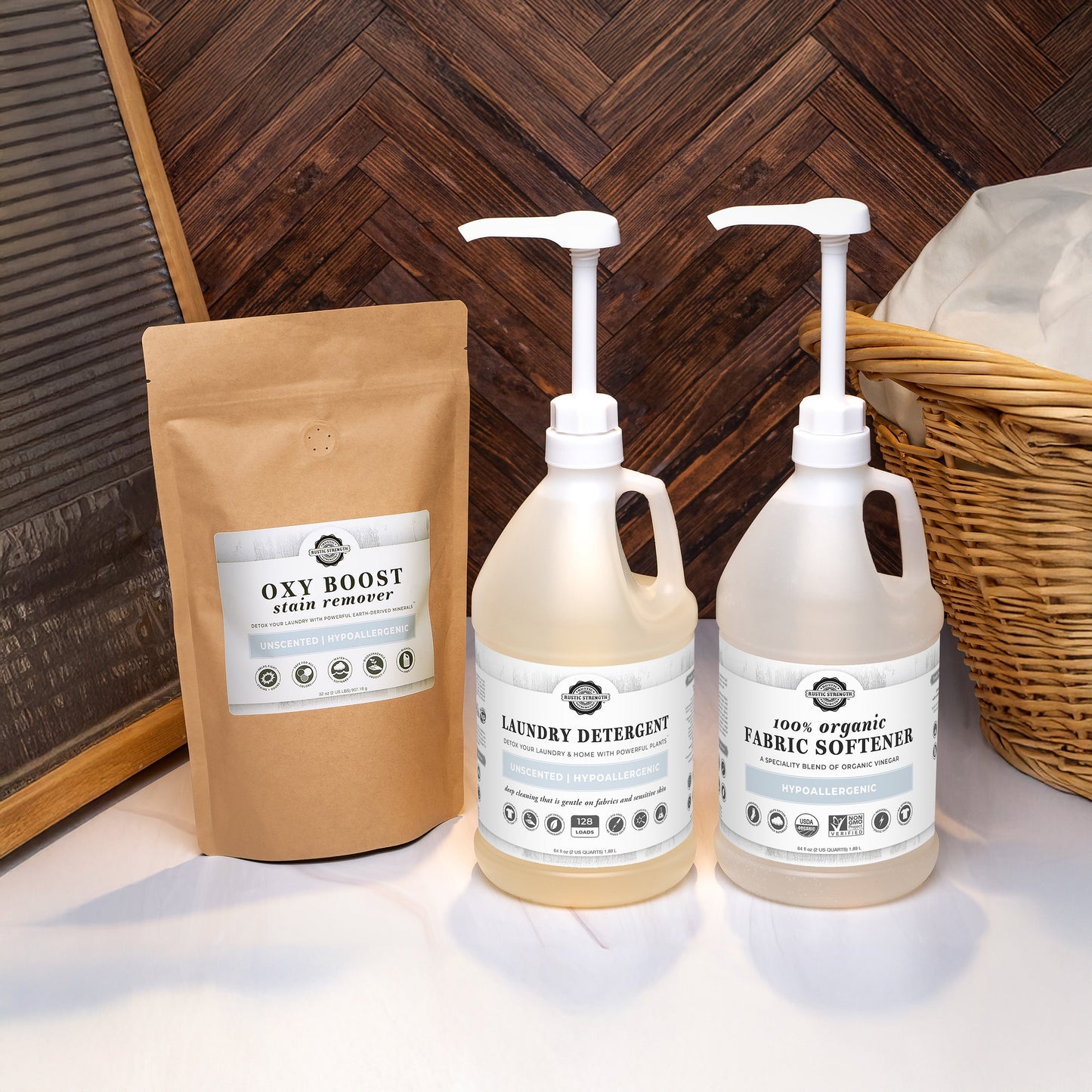 Rustic Strength Laundry Detox Set with plastic bottles, unscented laundry detox products, and cleaning accessories.