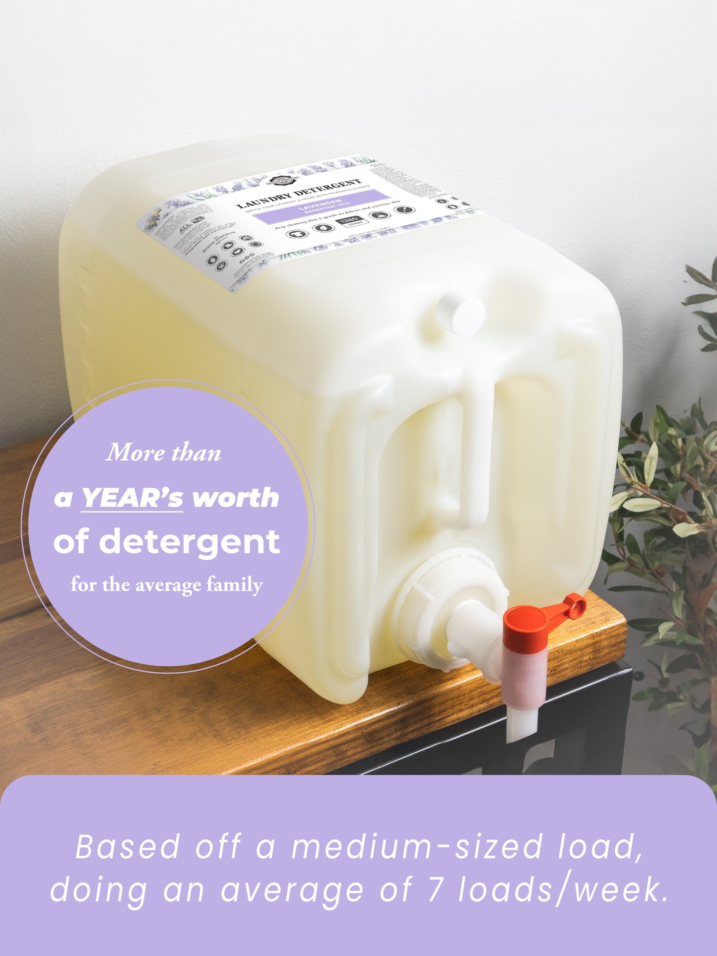 A large plastic Rustic Strength Laundry Detergent | Lavender container with a spout sits on a table. The label notes it lasts over a year for an average family (7 medium loads/week). A green plant is partially visible nearby.