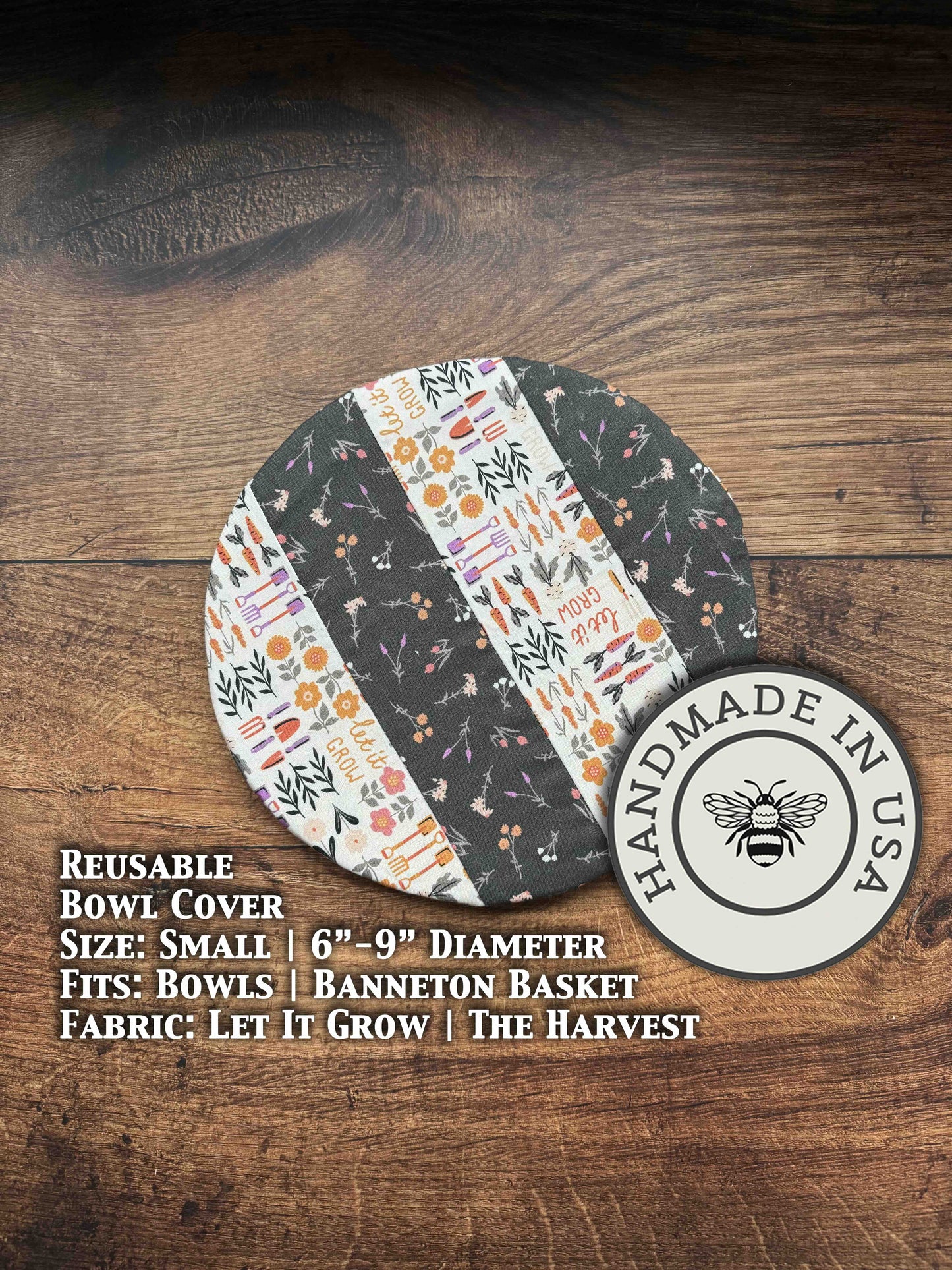 Small bowl and banneton covers from Five Oaks Farm, natural linen fabric with "Let it grow" print, perfect for bread baking.