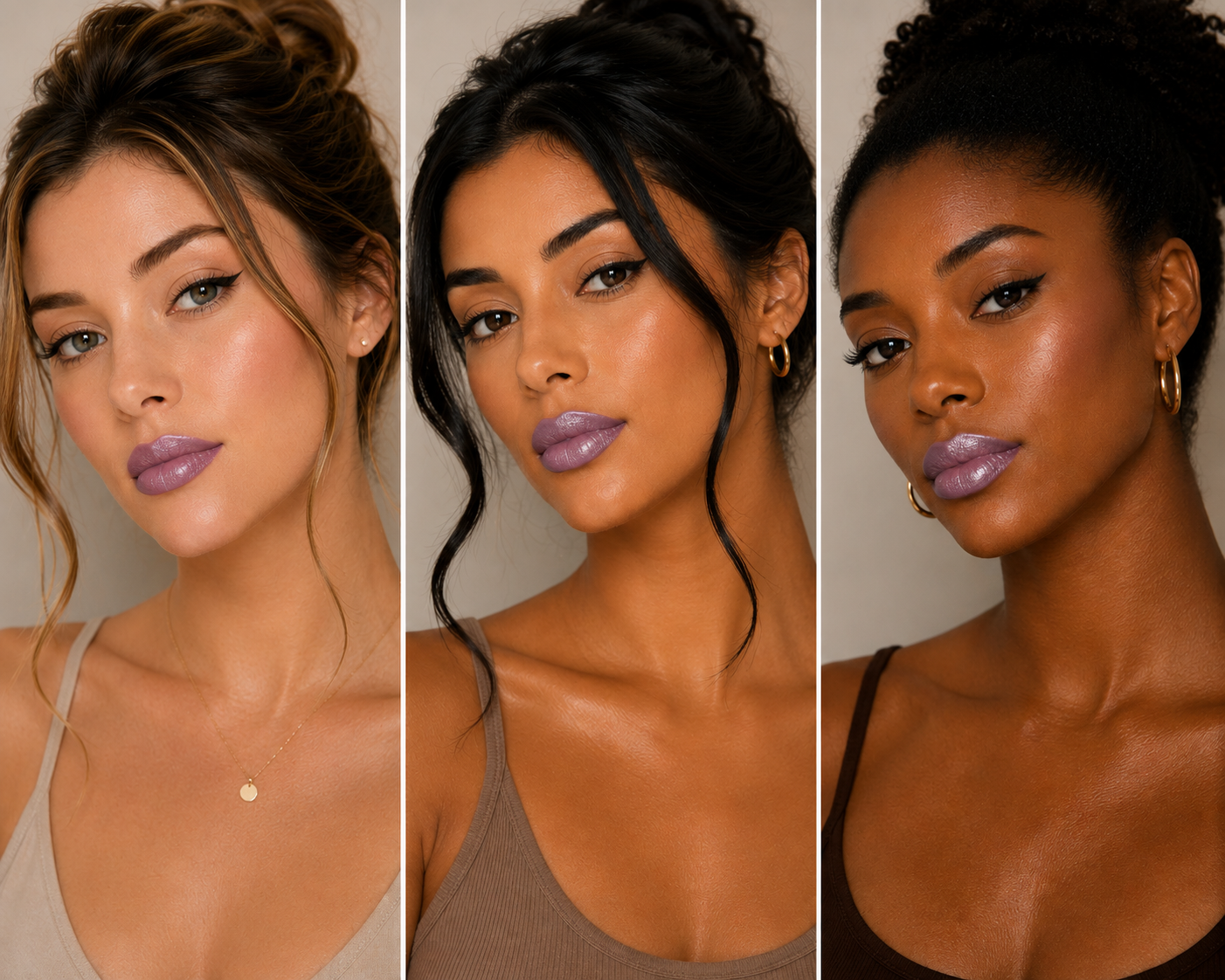 Organic Taylor Made Organics lipstick in a sleek tube, with a vibrant purple shade displayed on a model.