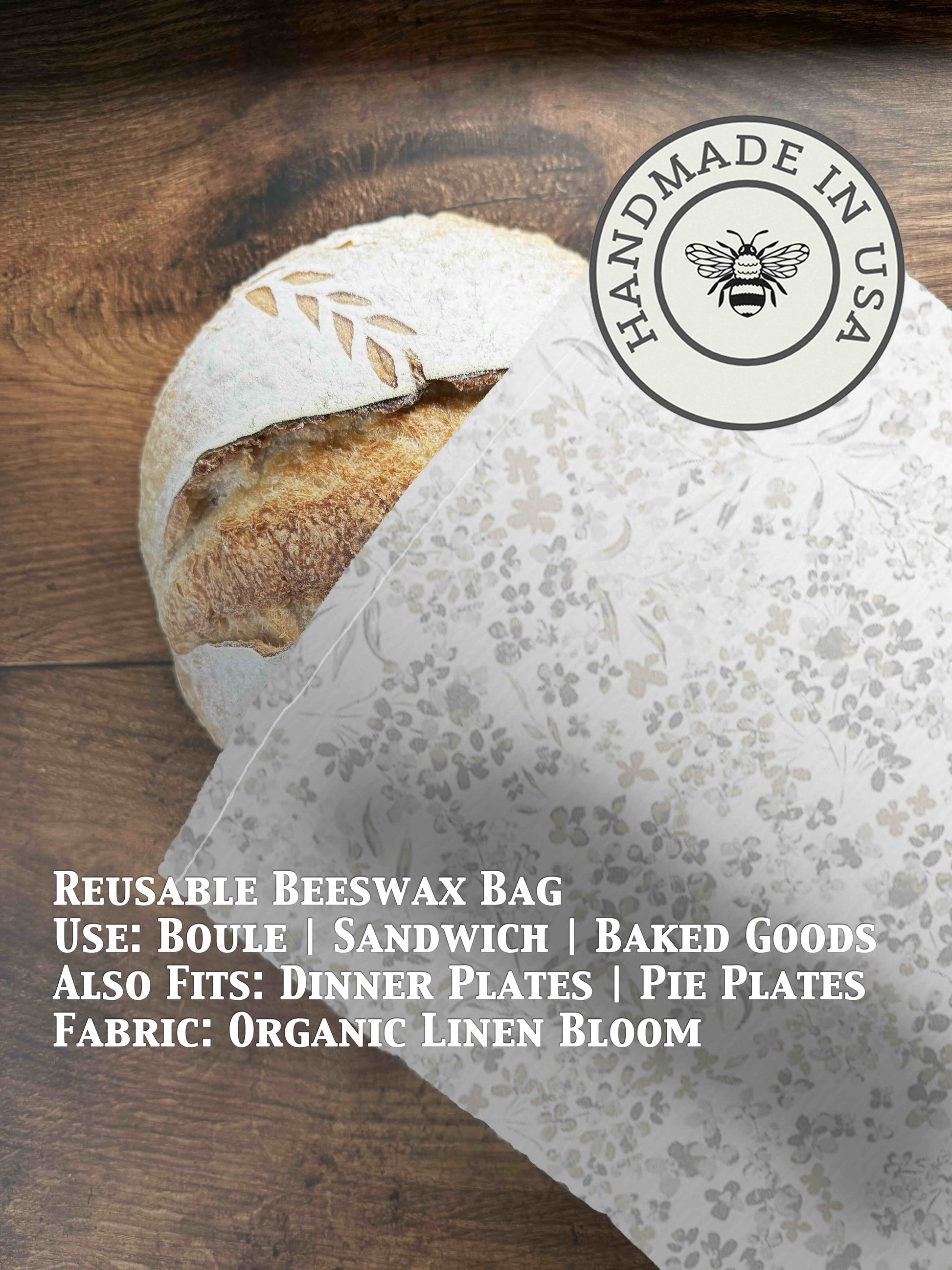 Linen beeswaxed bread bag from Five Oaks Farm, reusable and eco-friendly storage for fresh bread, with a natural woven appearance.