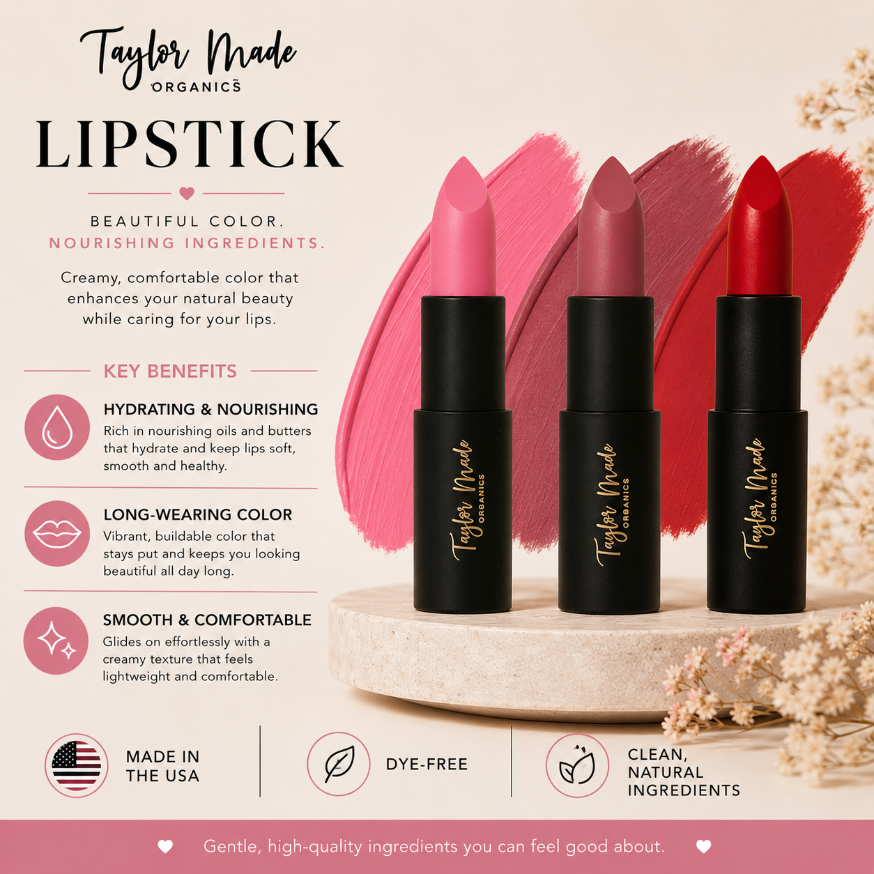 Organic Taylor Made Organics lipstick showing ingredient facts and natural lipstick application on lips.