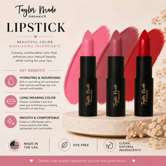 Organic Taylor Made Organics lipstick showing ingredient facts and natural lipstick application on lips.