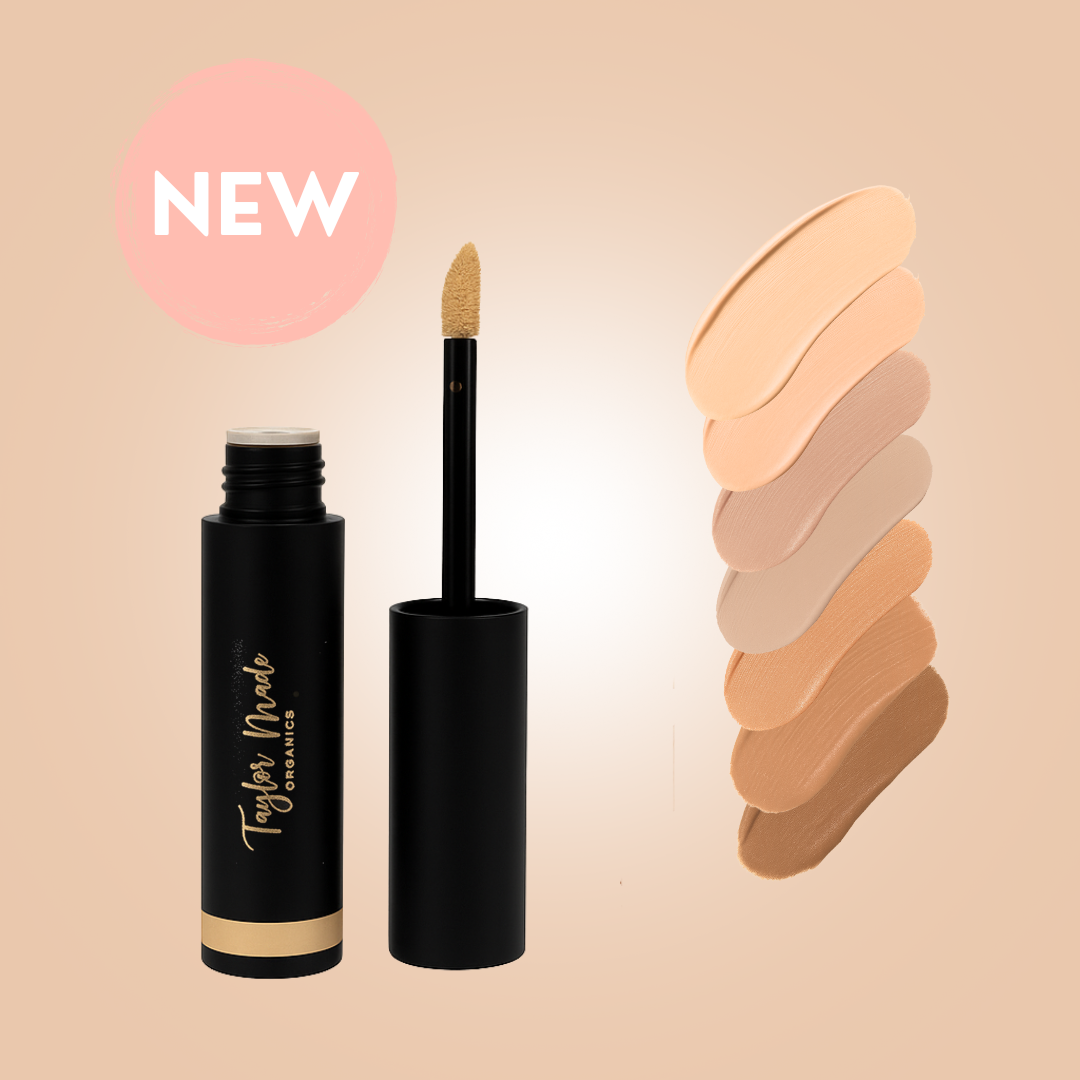 Swatch of Taylor Made Organics liquid organic concealer in various shades, showcasing its smooth, blendable formula.