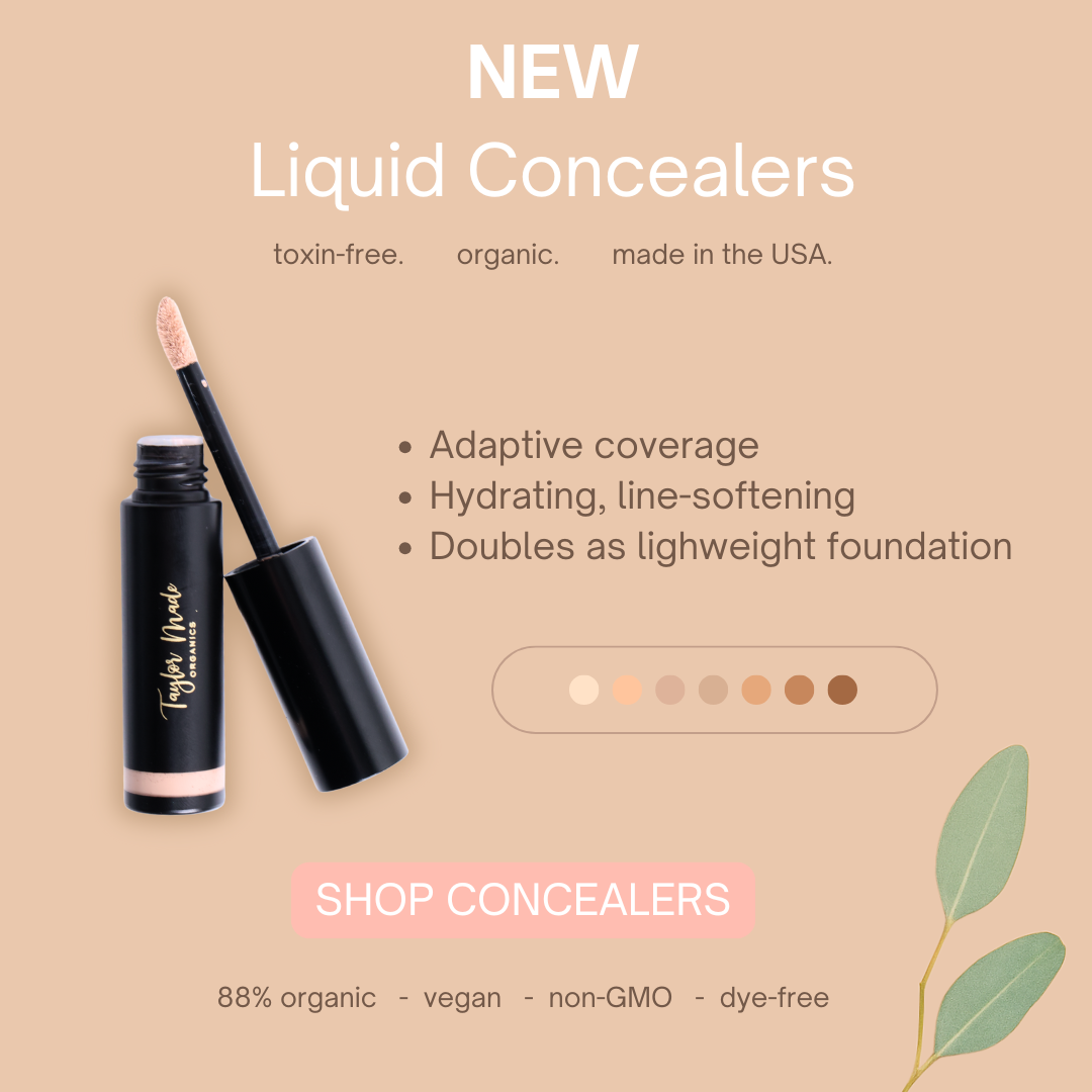 Image of Taylor Made Organics liquid organic concealer demonstrating its multitasking features in a clear infographic.