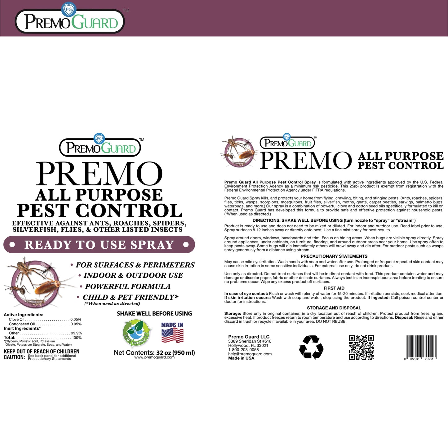 All Purpose Pest Control Spray - 32 oz | Plant Based Natural Non-Toxic | Premo Guard (C)