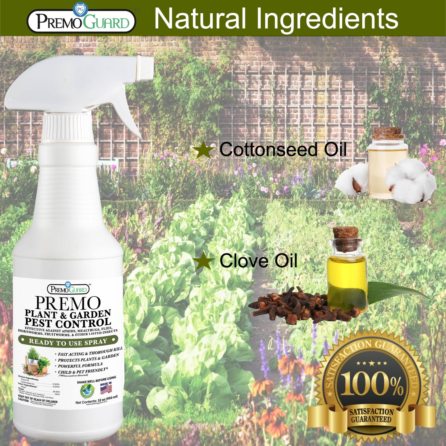 Plant and Garden Pest Control Spray - 32 oz - Plant Based All All Natural Non-Toxic - By Premo Guard - Premo Natural Products ~ Blessings Grow Meadows