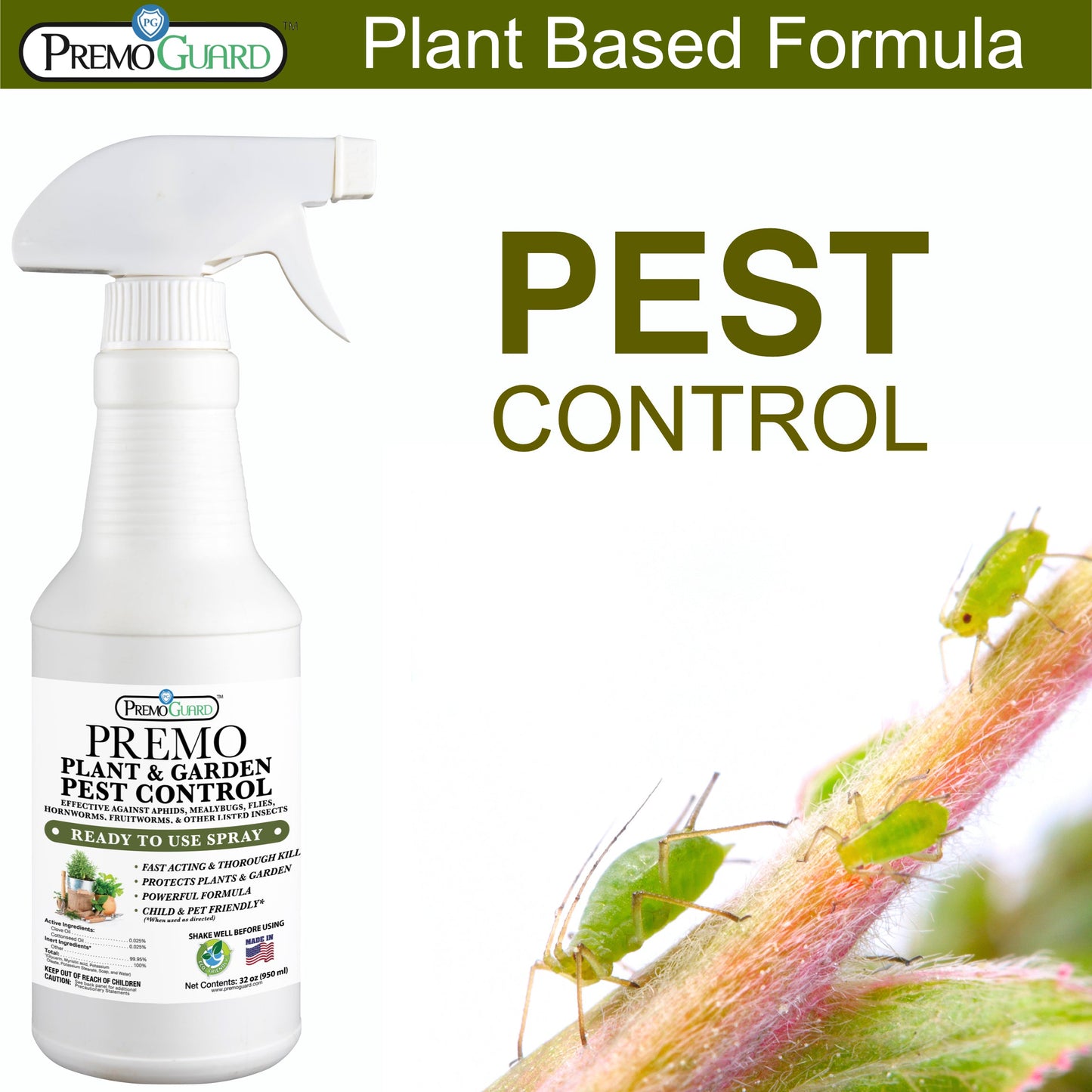 Plant and Garden Pest Control Spray - 32 oz - Plant Based All All Natural Non-Toxic - By Premo Guard - Premo Natural Products ~ Blessings Grow Meadows