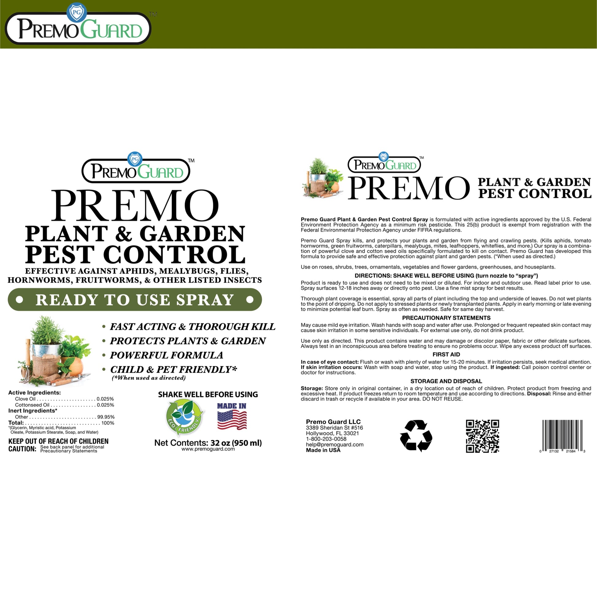 Plant and Garden Pest Control Spray - 32 oz - Plant Based All All Natural Non-Toxic - By Premo Guard - Premo Natural Products ~ Blessings Grow Meadows