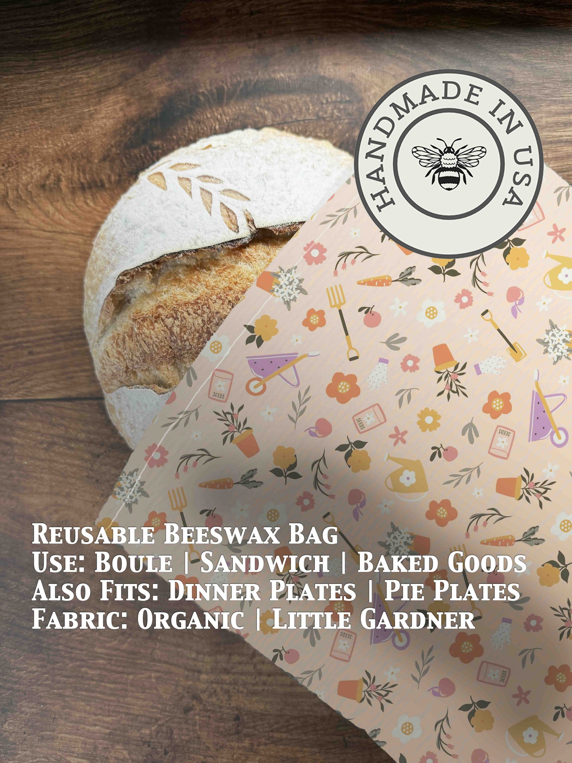 Beeswaxed bread bag from Five Oaks Farm with natural beeswax finish, used for storing and protecting fresh bread.