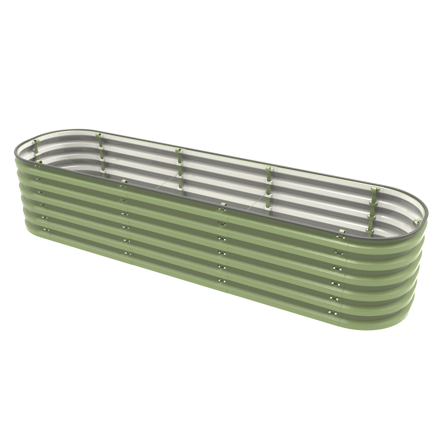 Olive green 17-inch tall 12-in-1 metal raised garden bed kit by Gro-Rite Garden Global LLC, shown in a long slender configuration without plants.