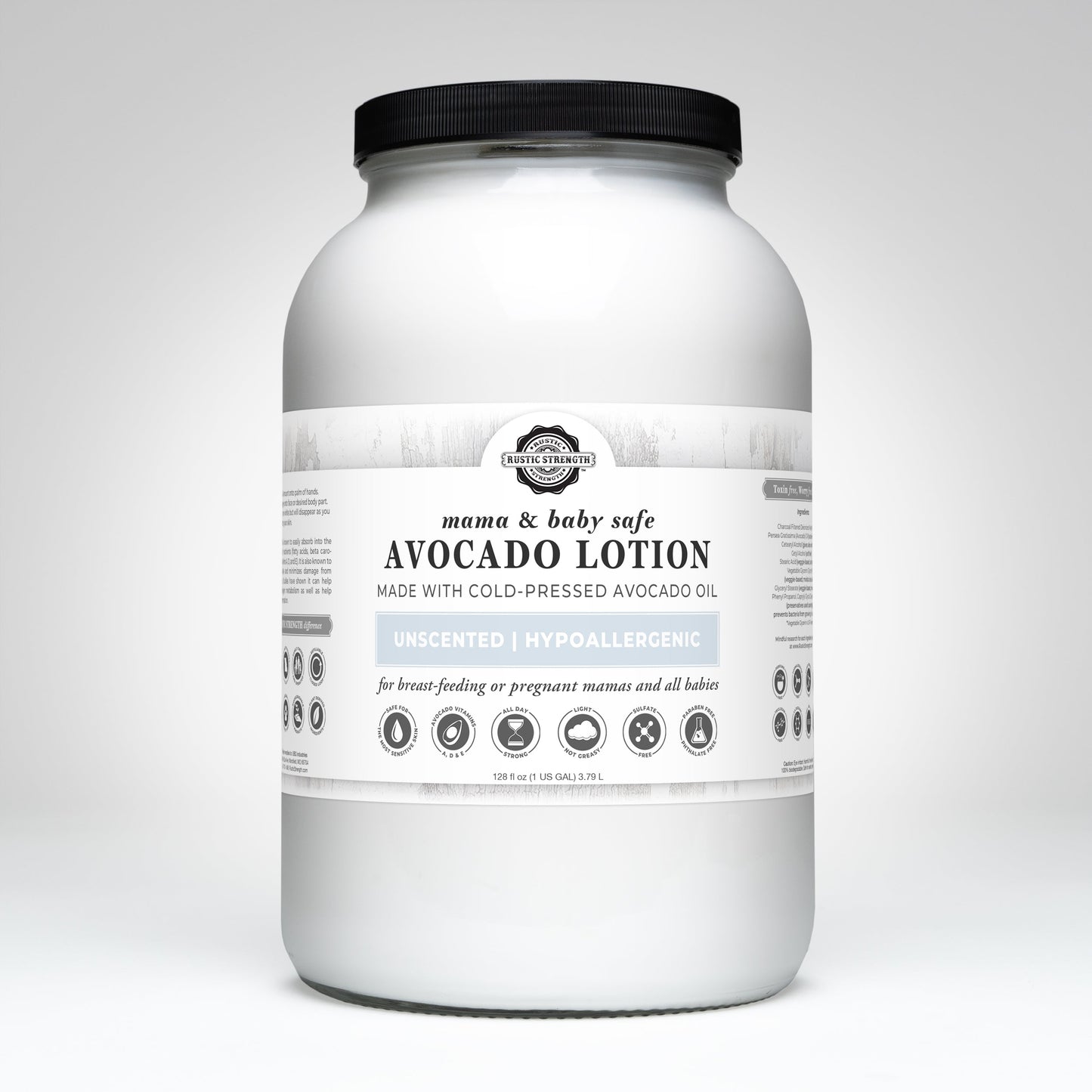 Rustic Strength’s Avocado Lotion | Mama + Baby Safe is an unscented, hypoallergenic, deep moisturizer made with cold-pressed avocado oil. The 128 fl oz (1 gal) white jar hydrates sensitive skin and is safe for both mothers and babies.