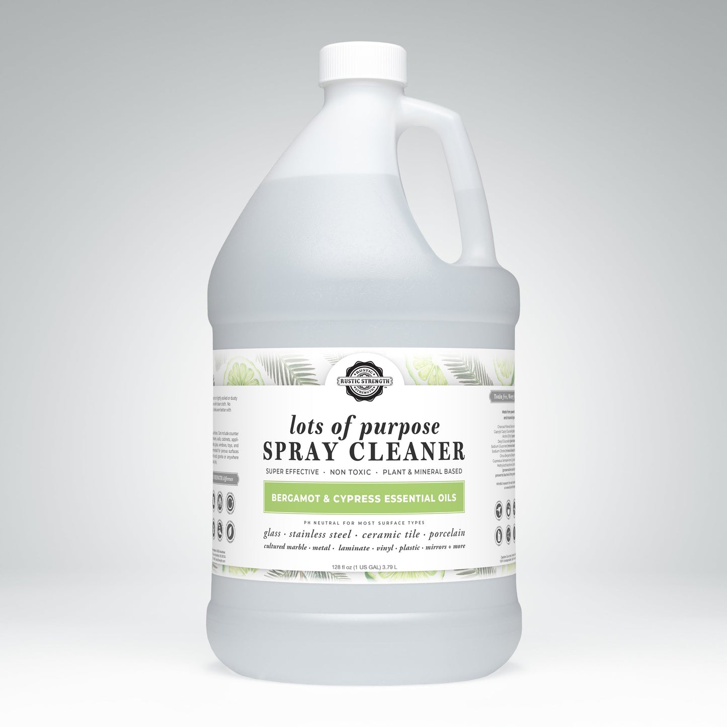 A large white gallon jug of Rustic Strength Lots of Purpose Spray Cleaner | Bergamot & Cypress, featuring a white and green label and handle, is set against a light gray background.