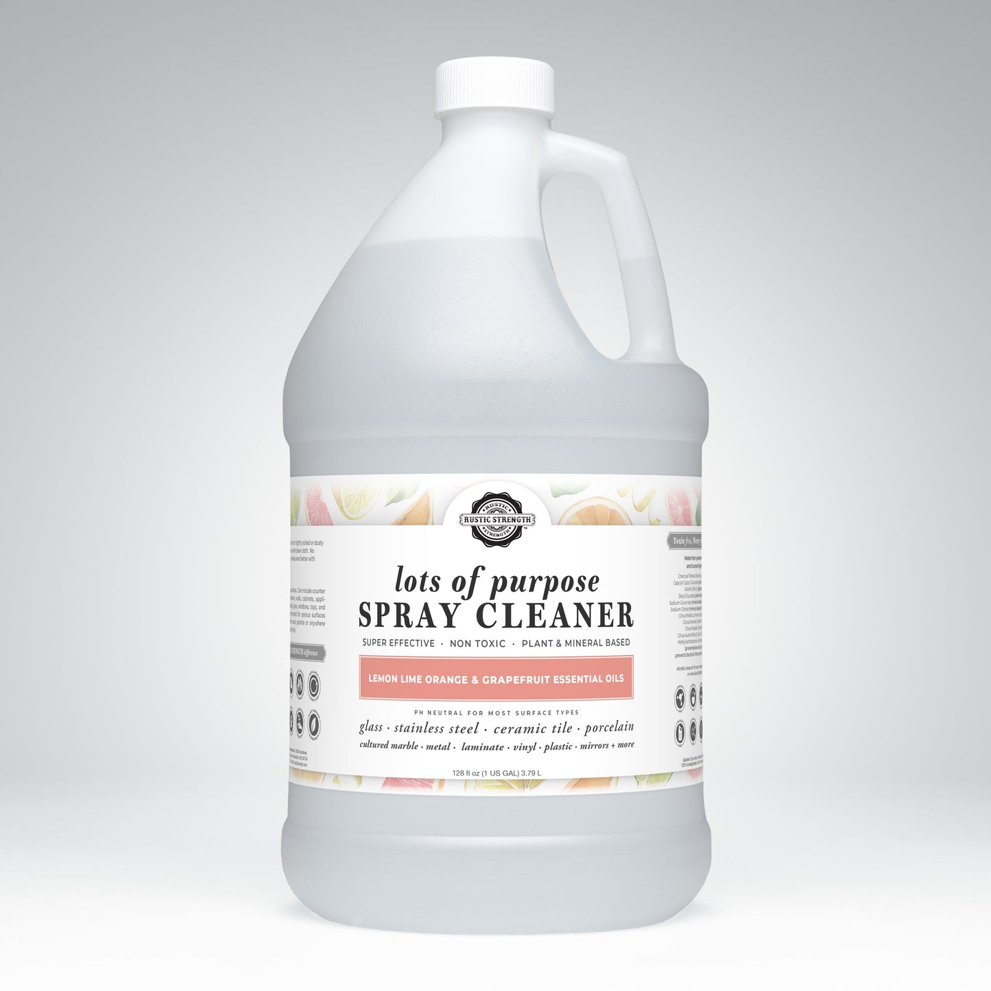 A large white gallon jug of Rustic Strength’s Lots of Purpose Spray Cleaner | Lemon, Lime, Orange & Grapefruit—a plant-based, toxin-free cleaner scented with natural citrus essential oils.