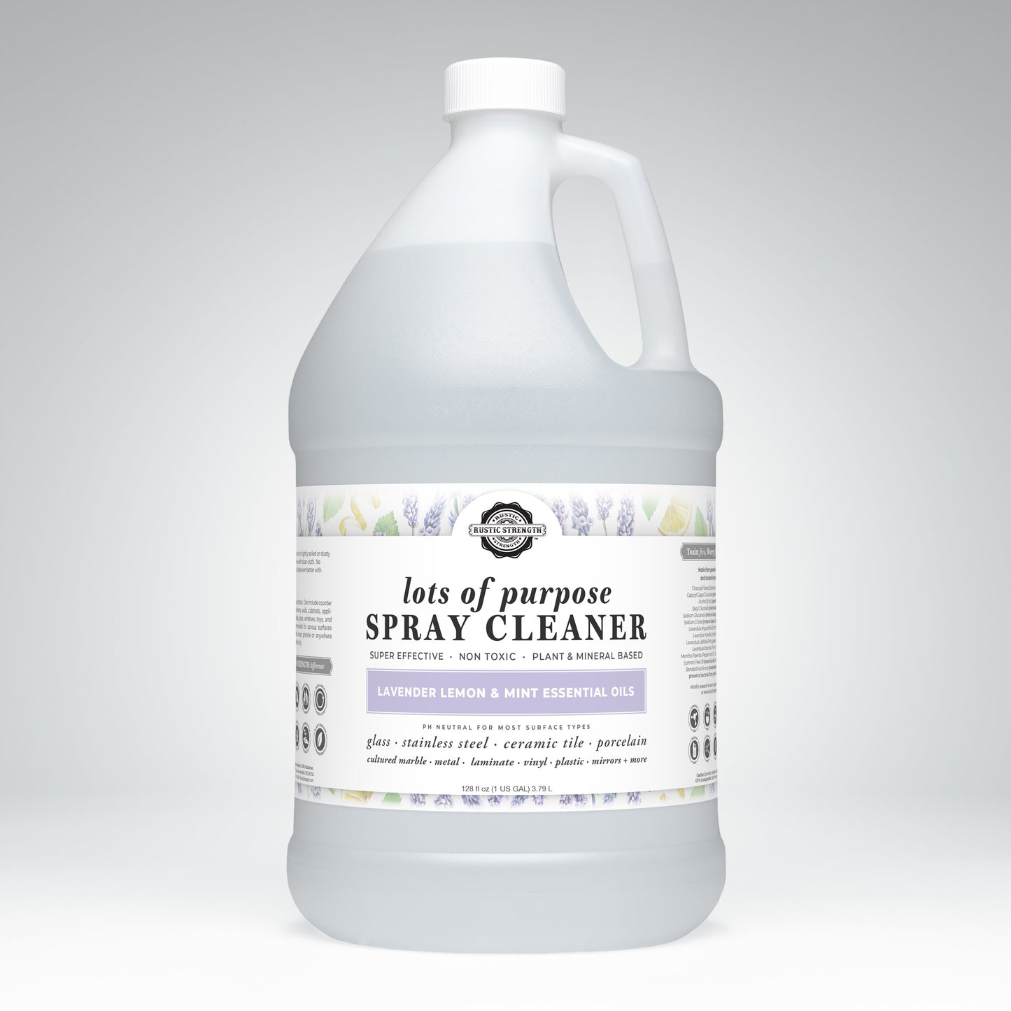Rustic Strengths Lots of Purpose Spray Cleaner | Lavender, Lemon & Mint is a non-toxic, plant-based, pH-balanced cleaner safe for multiple surfaces. Comes in a large white plastic gallon jug.