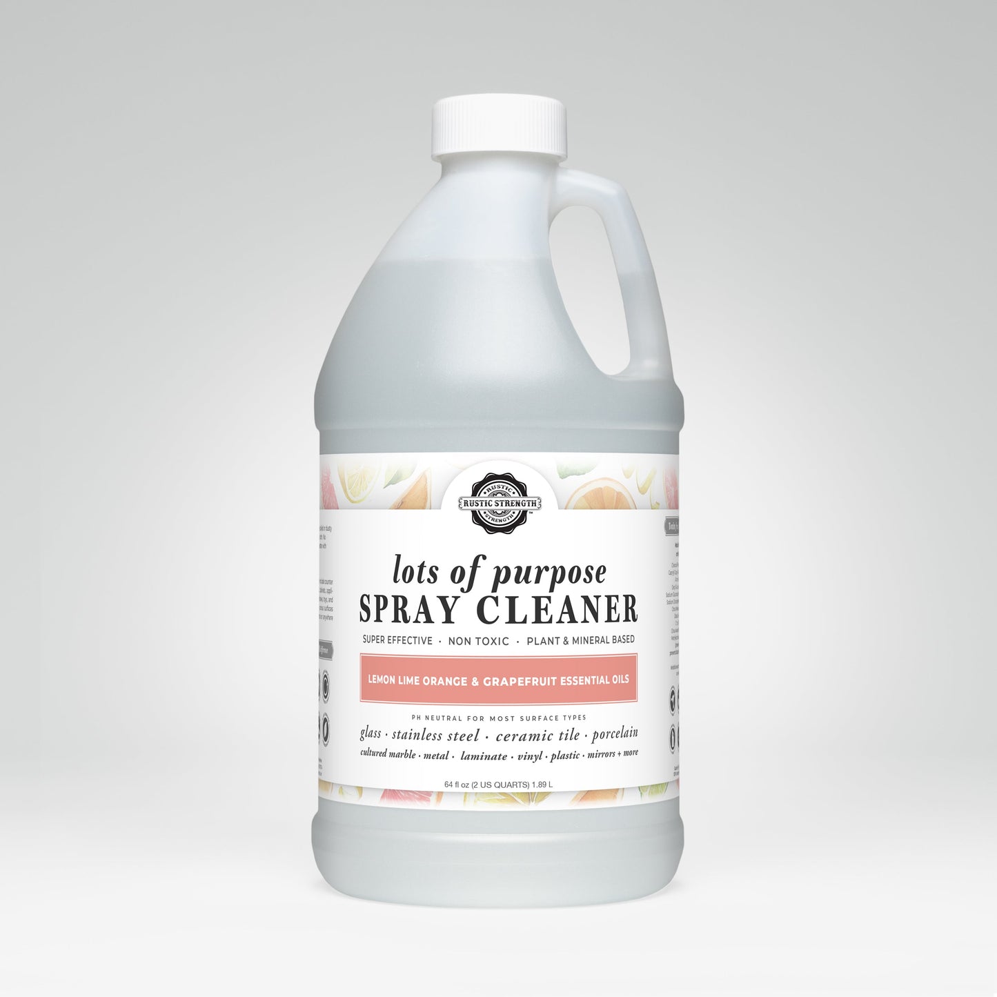 Rustic Strength Lots of Purpose Spray Cleaner in Lemon, Lime, Orange & Grapefruit is a toxin-free, plant-based formula with essential oils. It comes in a large bottle with a white cap and handle for natural cleaning power.