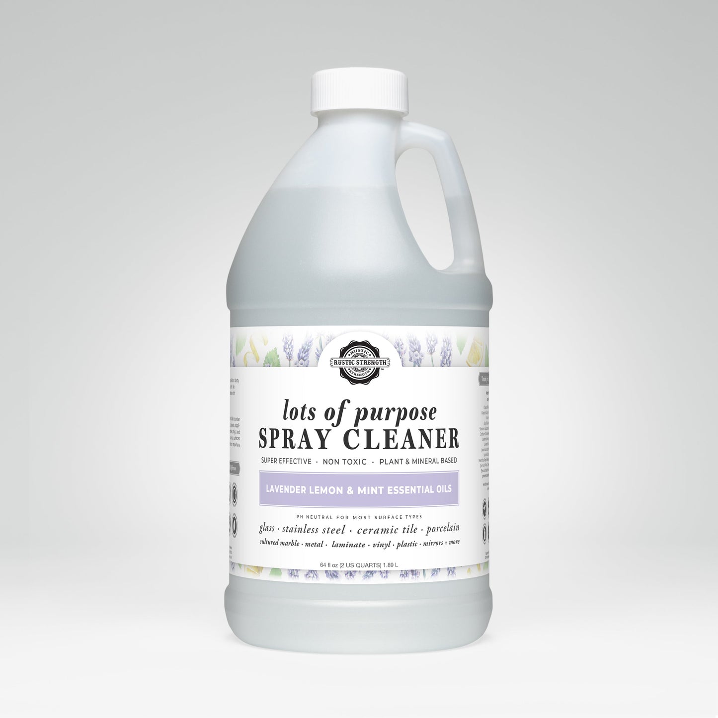 The Lots of Purpose Spray Cleaner by Rustic Strength is a one-gallon, plant-based cleaner in a white lavender-illustrated bottle. Toxin free, pH balanced, and ideal for multiple surfaces, it features a lavender, lemon & mint scent.