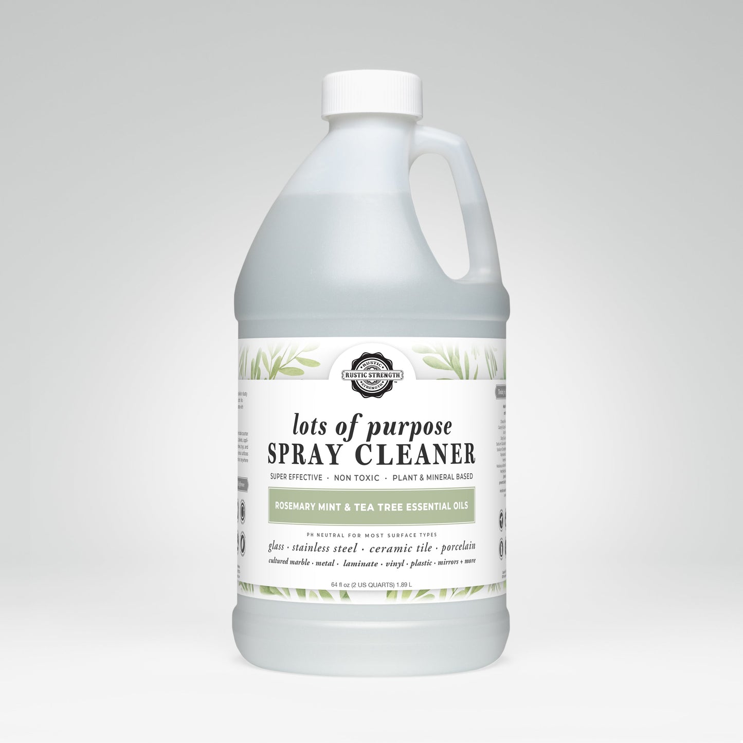 A clear gallon bottle of Rustic Strengths Lots of Purpose Spray Cleaner | Rosemary, Mint & Tea Tree, plant-based and toxin-free, with a white cap and handle—ideal for various surfaces.
