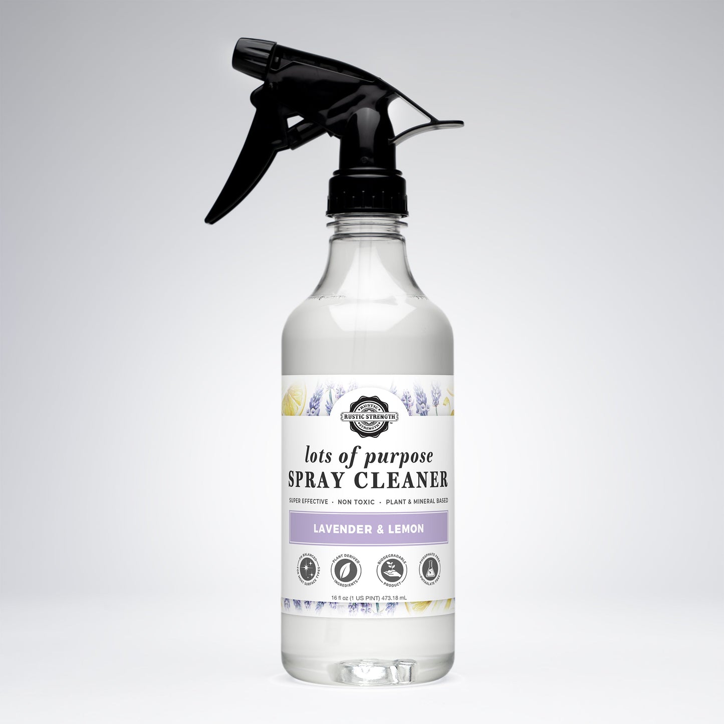Rustic Strength Lavender & Lemon multi-purpose spray cleaner in 16 oz bottle with lavender and lemon scent on white background.