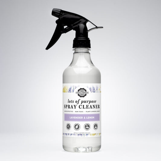 Rustic Strength Lavender & Lemon multi-purpose spray cleaner in 16 oz bottle with lavender and lemon scent on white background.