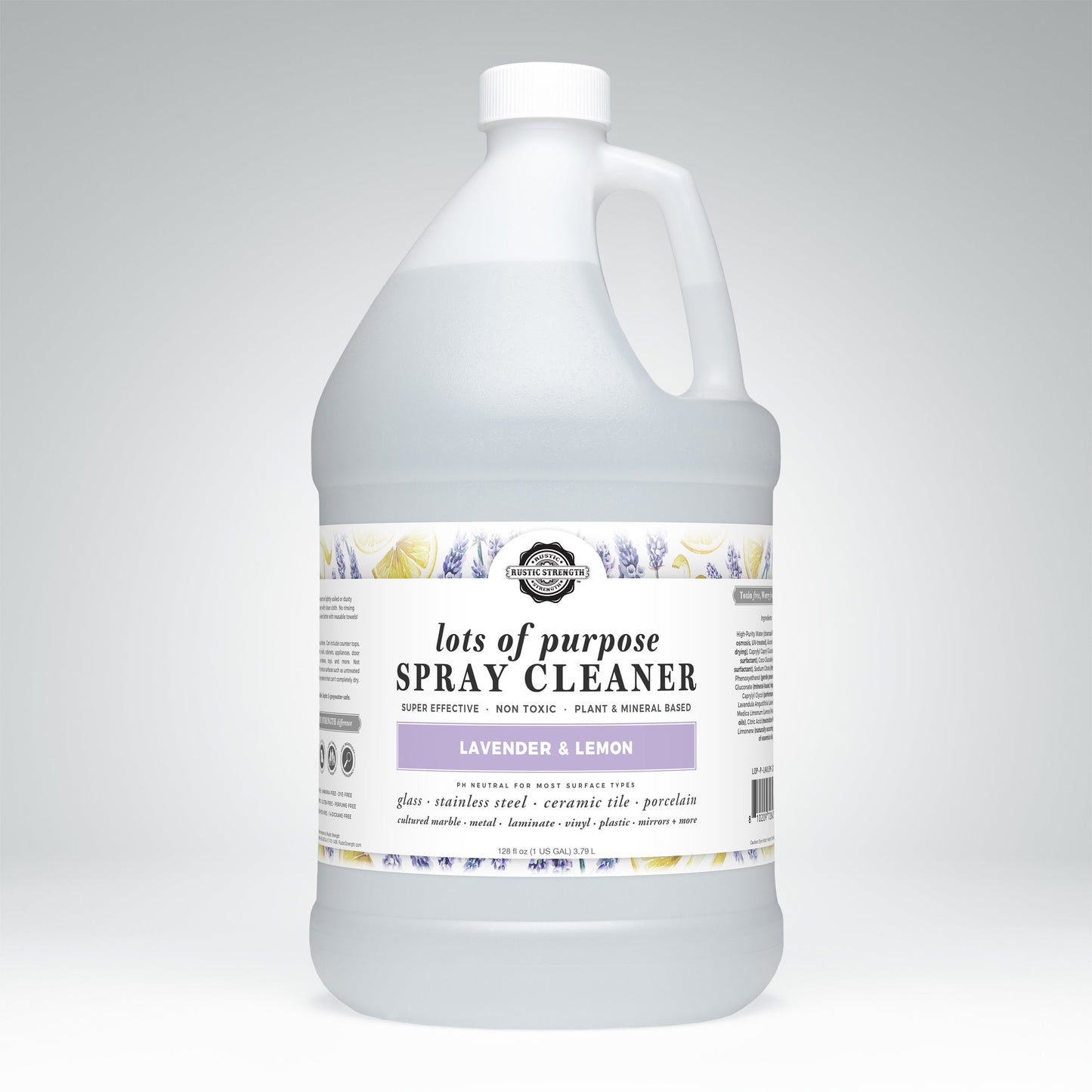 Rustic Strength lavender and lemon multi-purpose spray cleaner in a gallon container, ideal for versatile cleaning tasks.