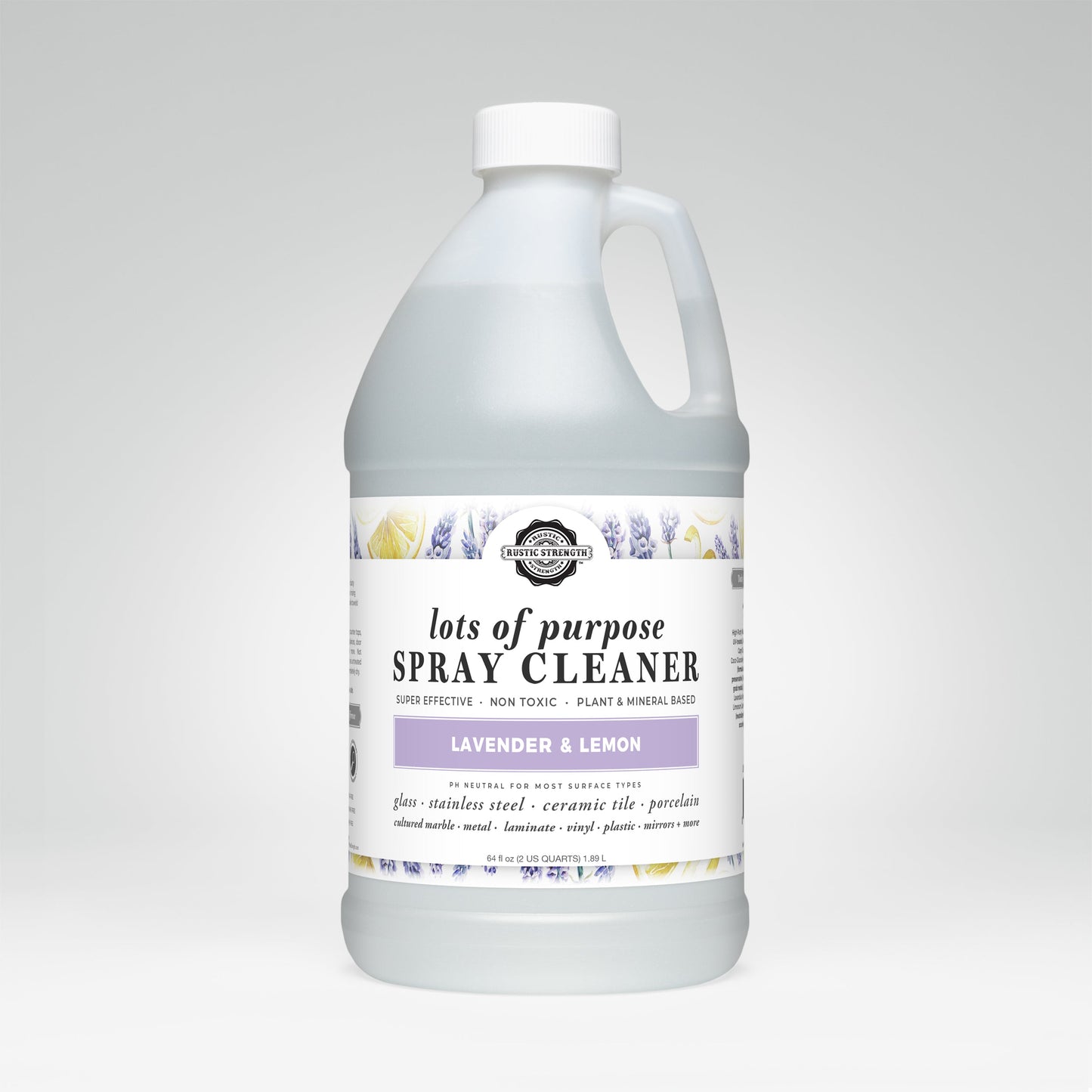 Rustic Strength Lavender and Lemon multi-purpose spray cleaner in a half-gallon bottle, ideal for cleaning various surfaces.