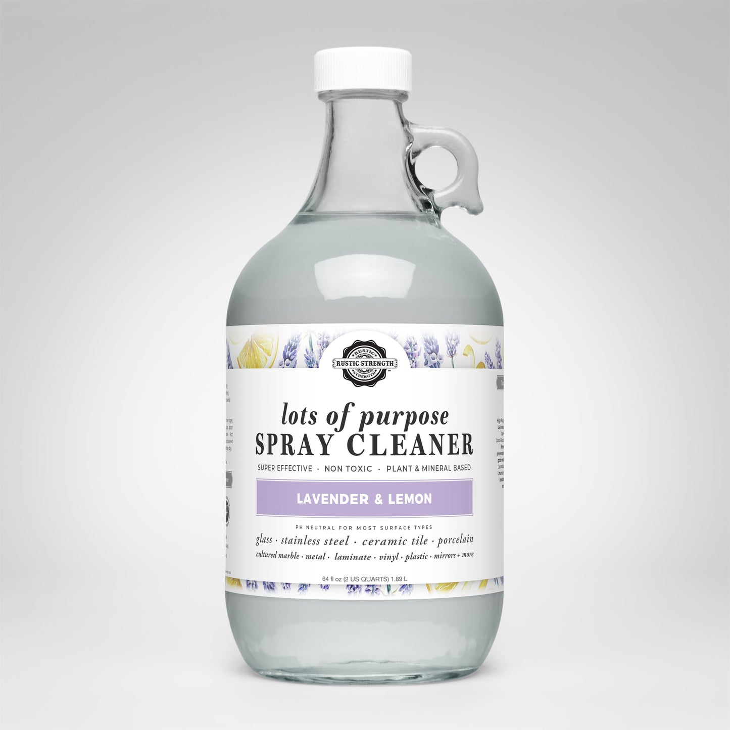 Rustic Strength lavender and lemon multi-purpose spray cleaner in a half-gallon container, ideal for cleaning and freshening surfaces.