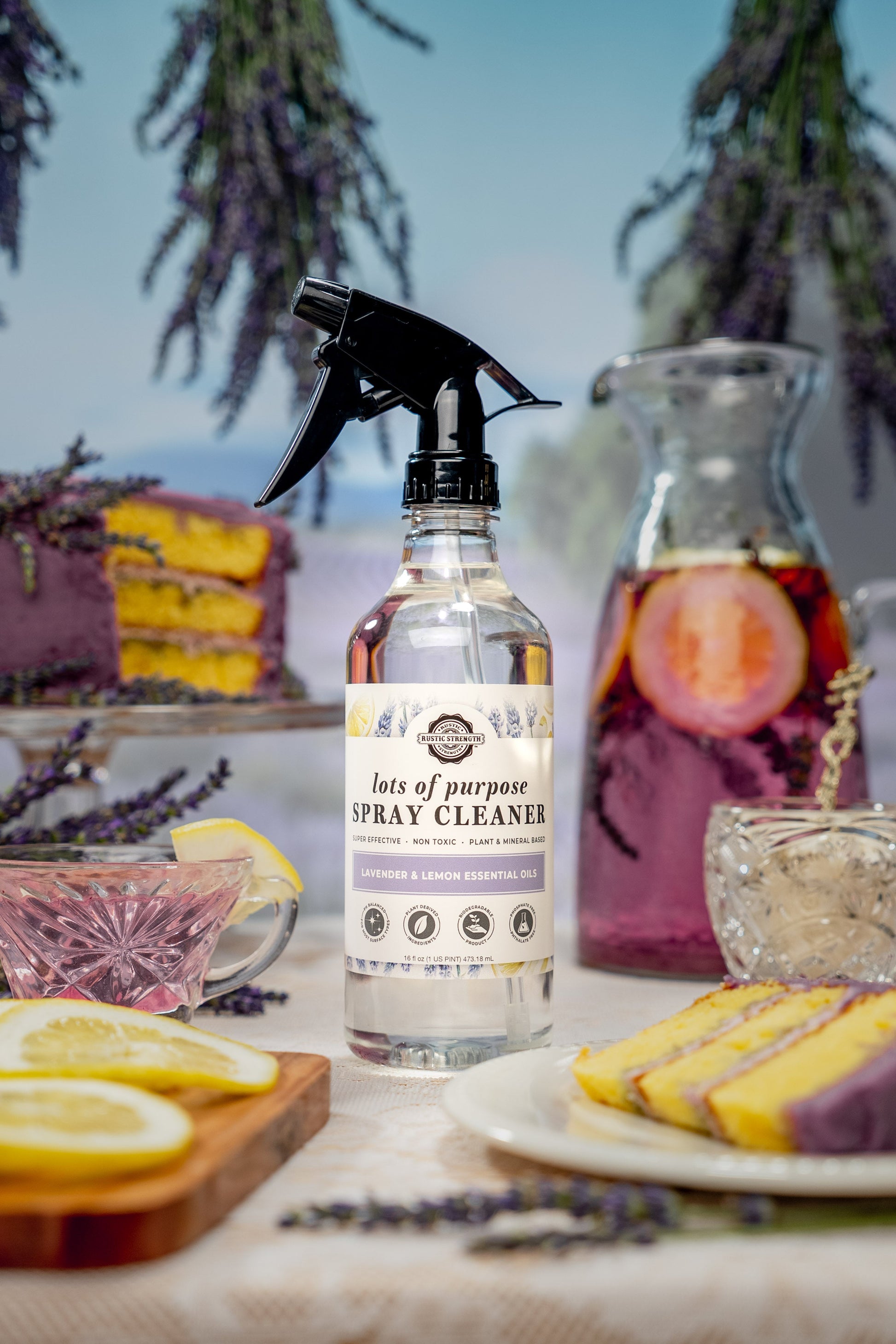 Rustic Strength lavender and lemon multi-purpose spray cleaner bottle, versatile cleaning solution for home surfaces.