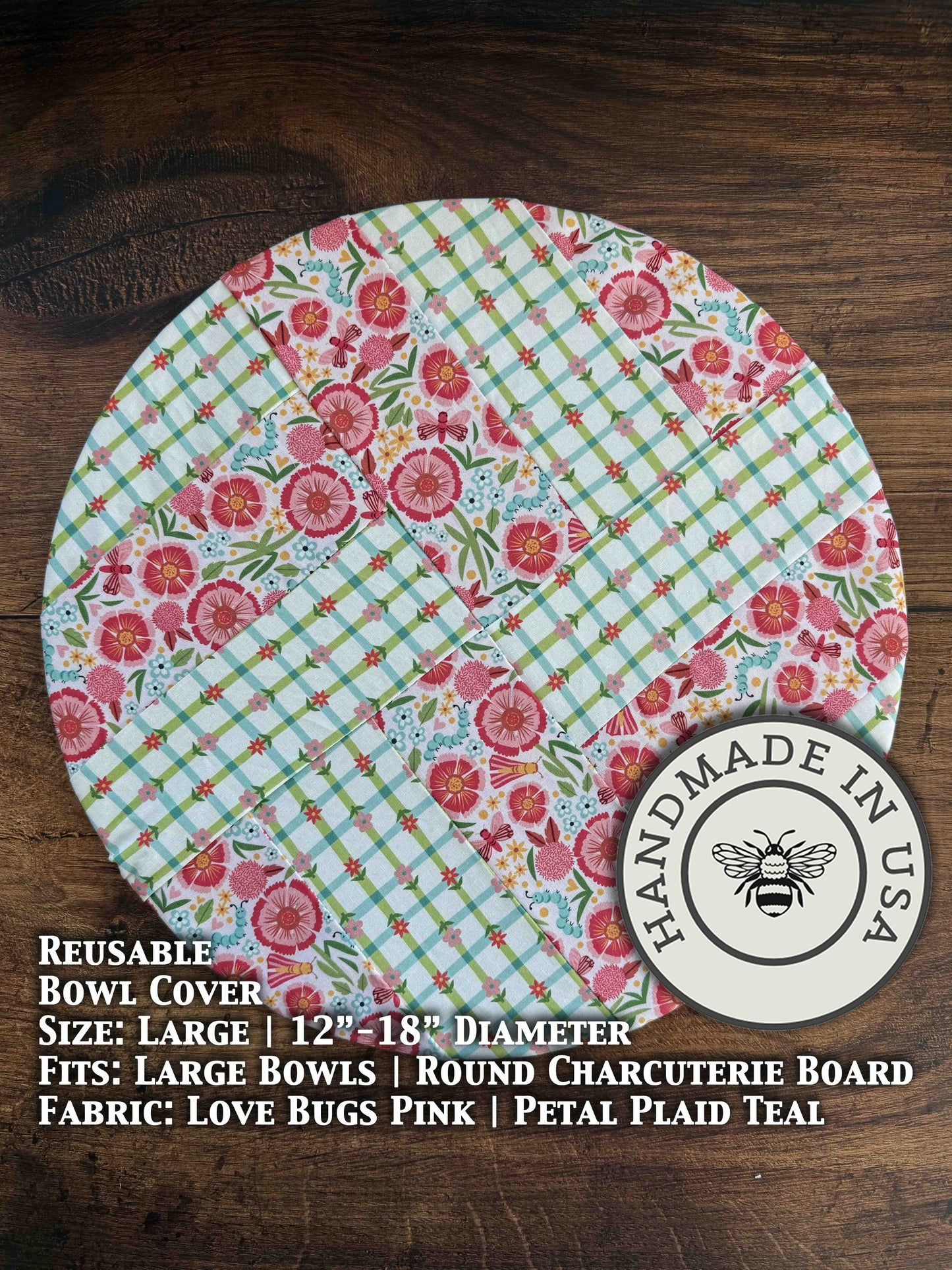 Pink love bug-themed large bowl cover from Five Oaks Farm, featuring adorable insect design for farm or kitchen use.