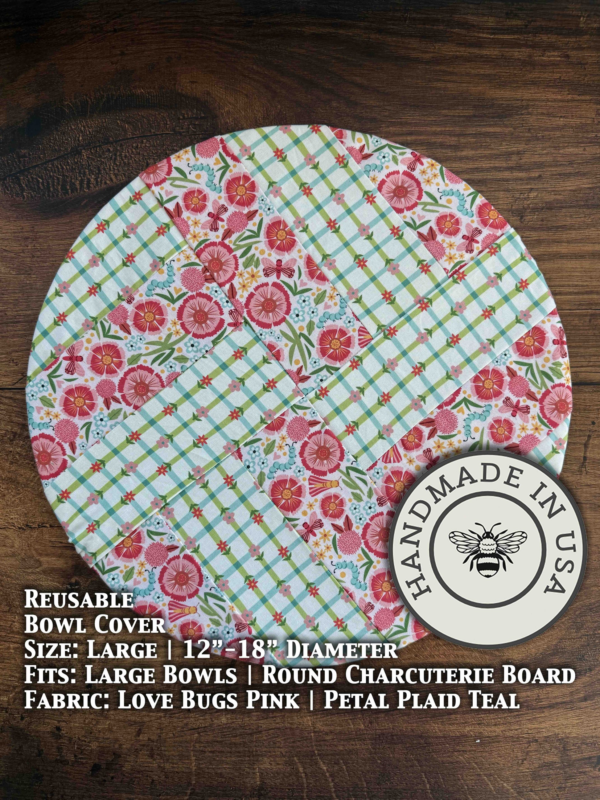 Pink love bug-themed large bowl cover from Five Oaks Farm, featuring adorable insect design for farm or kitchen use.
