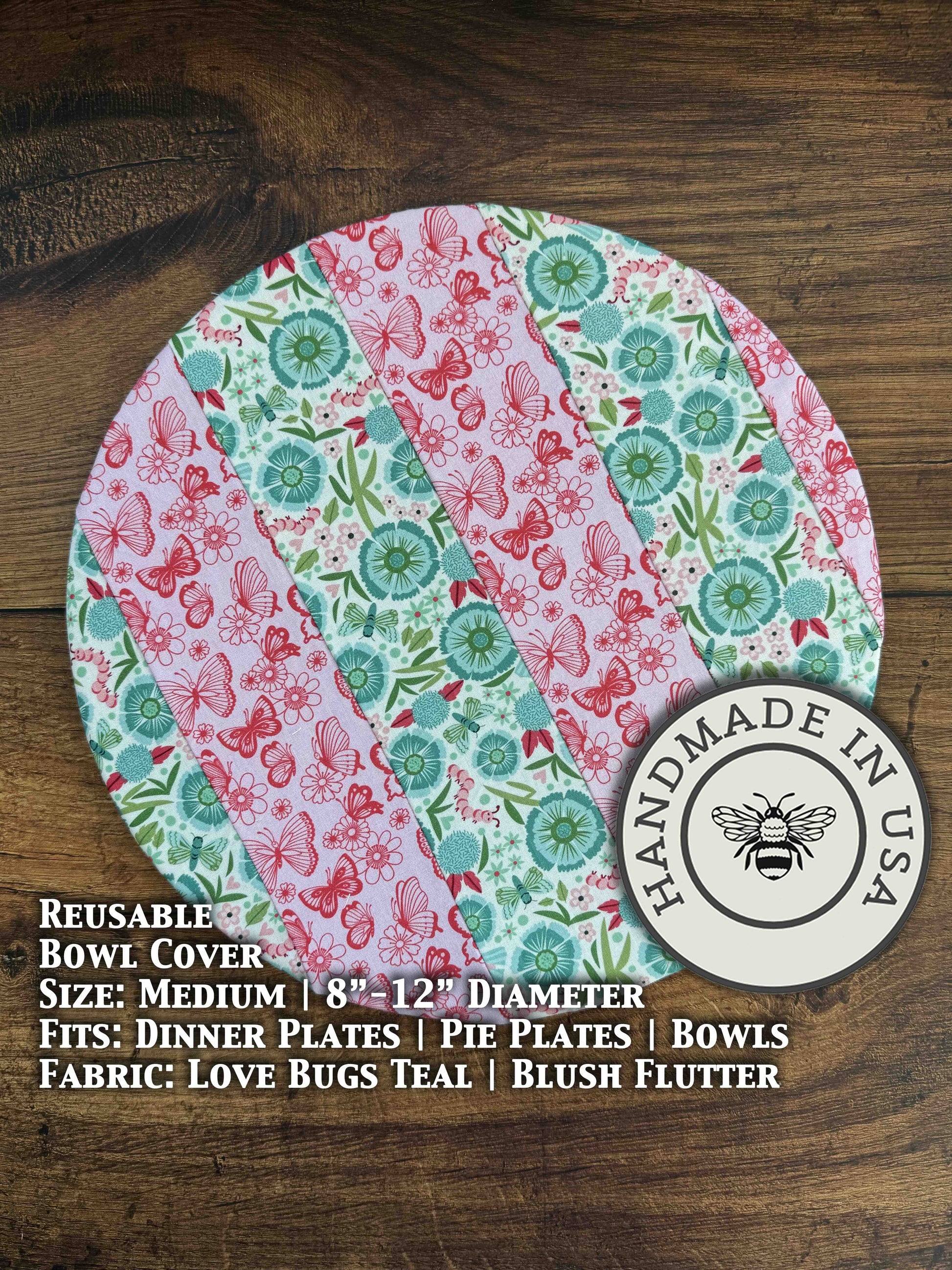 Medium bowl and banneton covers from Five Oaks Farm, featuring Love Bugs Teal design on fabric with natural farm-inspired details.