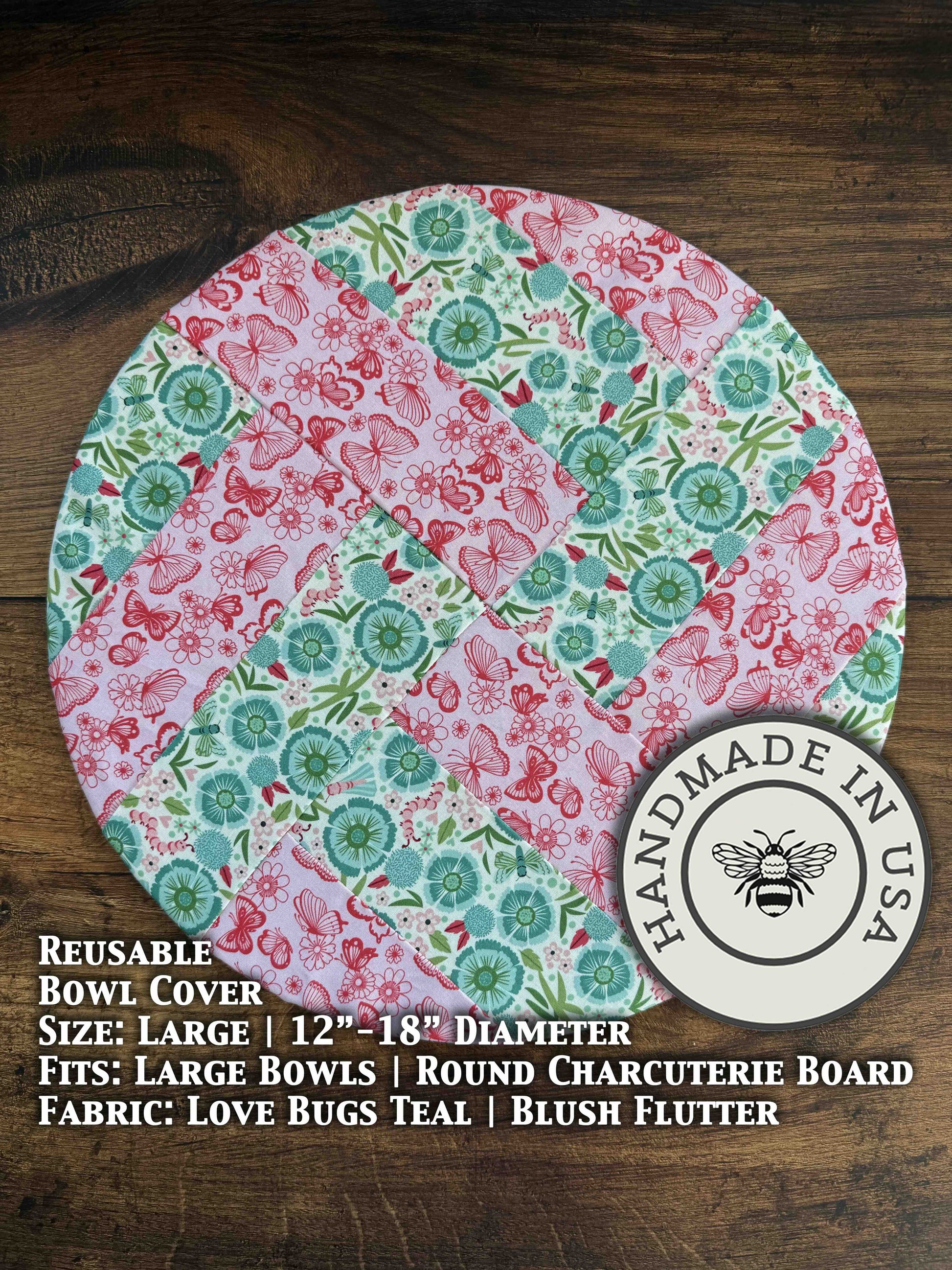 Large teal bowl cover from Five Oaks Farm's From the Farm collection, featuring love bug design for protecting bowls during food prep.
