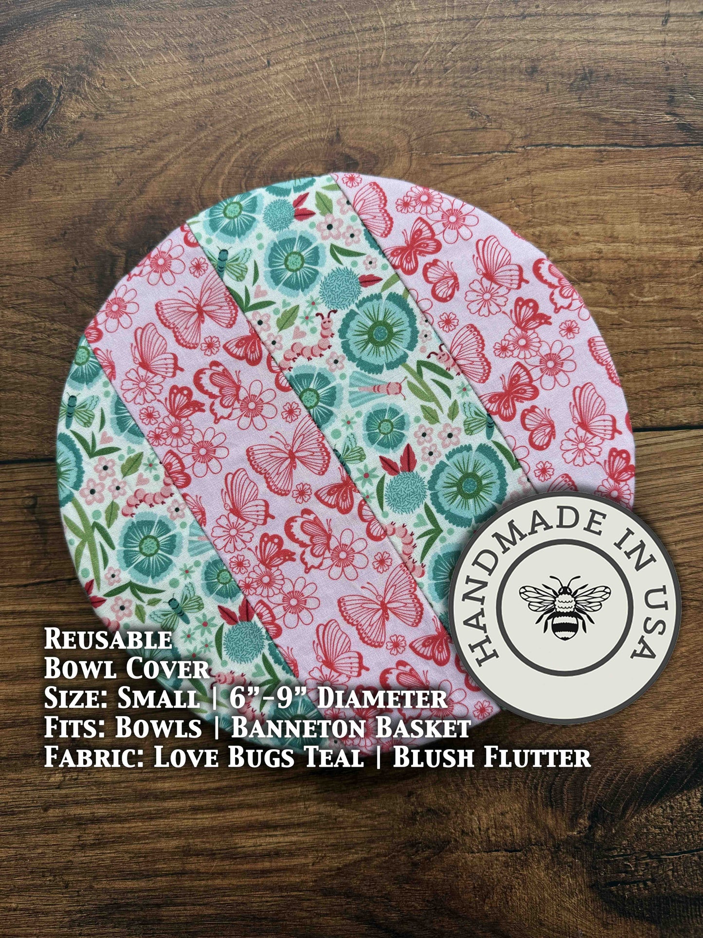 Small bowl and banneton covers from Five Oaks Farm with love bugs teal design for bread proofing and baking accessories