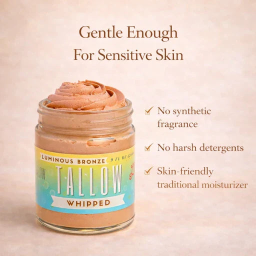 Lady May Tallow luminous bronze whipped tallow moisturizer in a 9 oz body cream jar, ideal for sensitive skin.