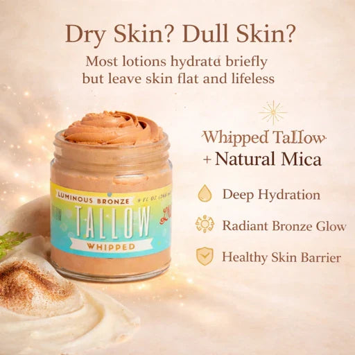 Lady May Tallow luminous bronze whipped body cream with a smooth, creamy texture in a 9 oz jar, designed for a bronzed, glowing skin look.