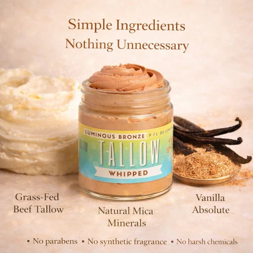 Lady May Tallow luminous bronze whipped tallow moisturizer in 9 oz jar, showing creamy body lotion with natural ingredients.
