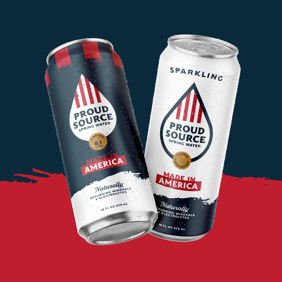 16 oz PROUD SOURCE WATER sparkling spring water cans, featuring a sleek design and vibrant label on a white background.