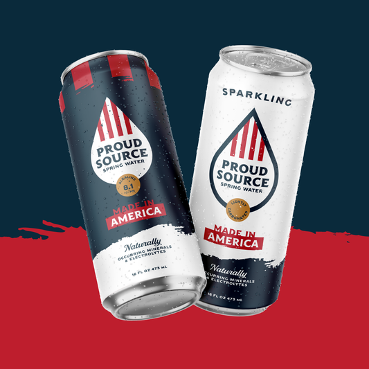 16 oz PROUD SOURCE WATER sparkling spring water cans, featuring a sleek design and vibrant label on a white background.