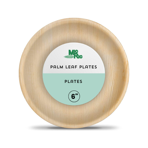 Stack of 6-inch round palm leaf plates from MicRic, arranged in a box, 600-pack for eco-friendly dining and event use.