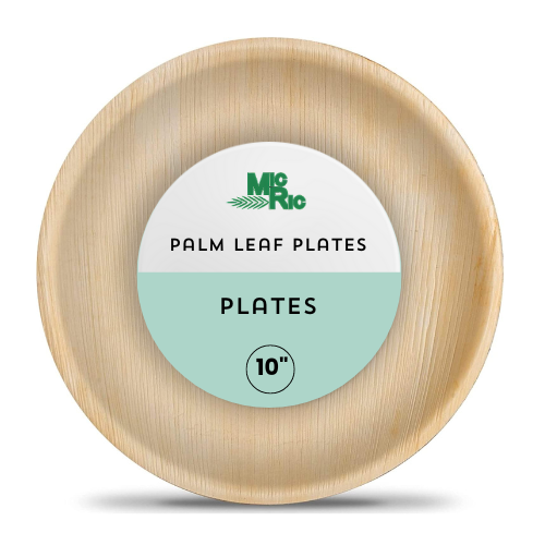 MicRic Palm Leaf 10-inch round plate, eco-friendly disposable dinnerware with natural leaf design, shown in inventory image.