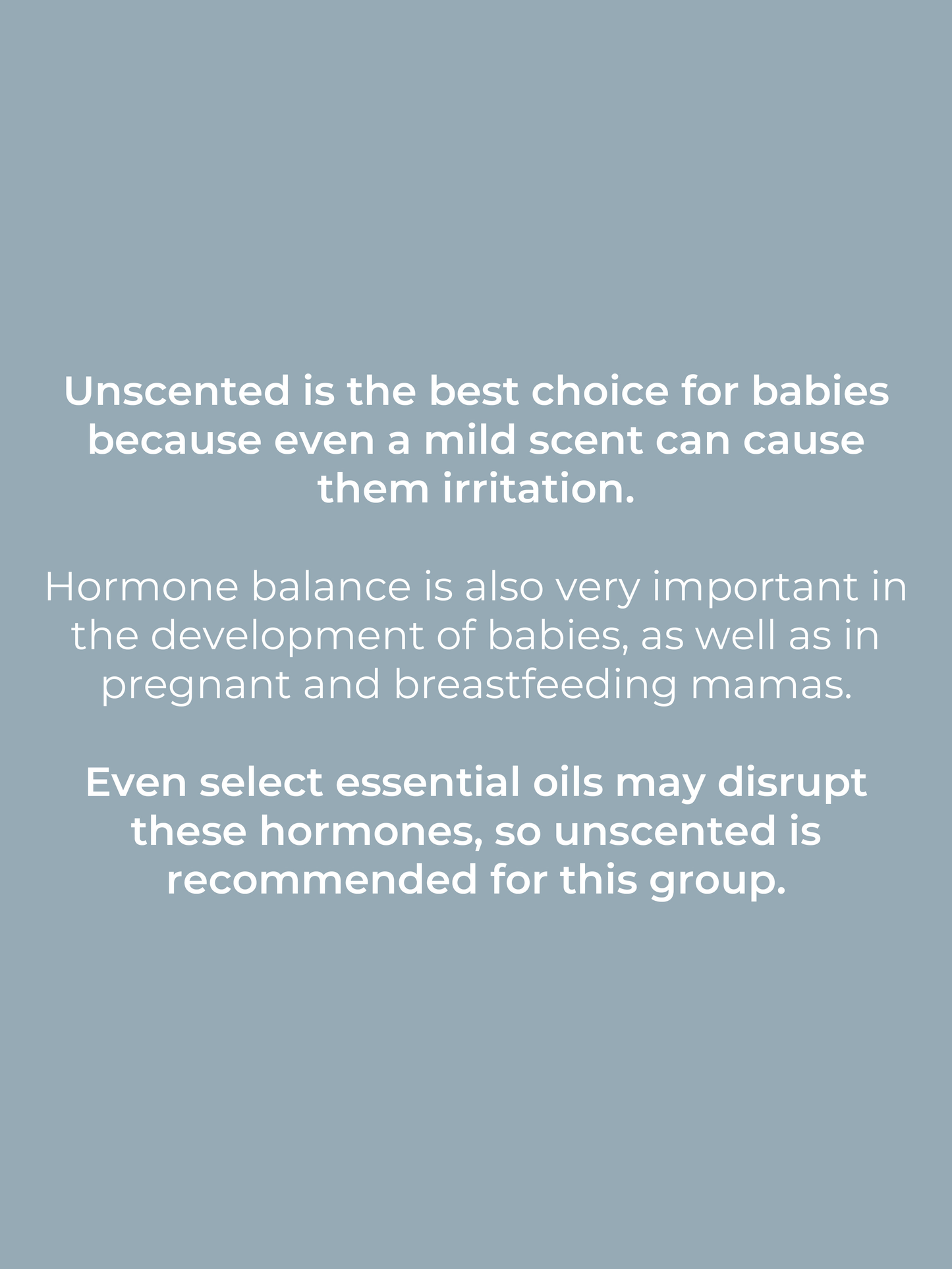White text on grey notes that Rustic Strength Dish Soap | Mama + Baby Safe, which is unscented and baby-safe, is best for babies and pregnant or breastfeeding women since even mild scents or essential oils may cause irritation or disrupt hormones.