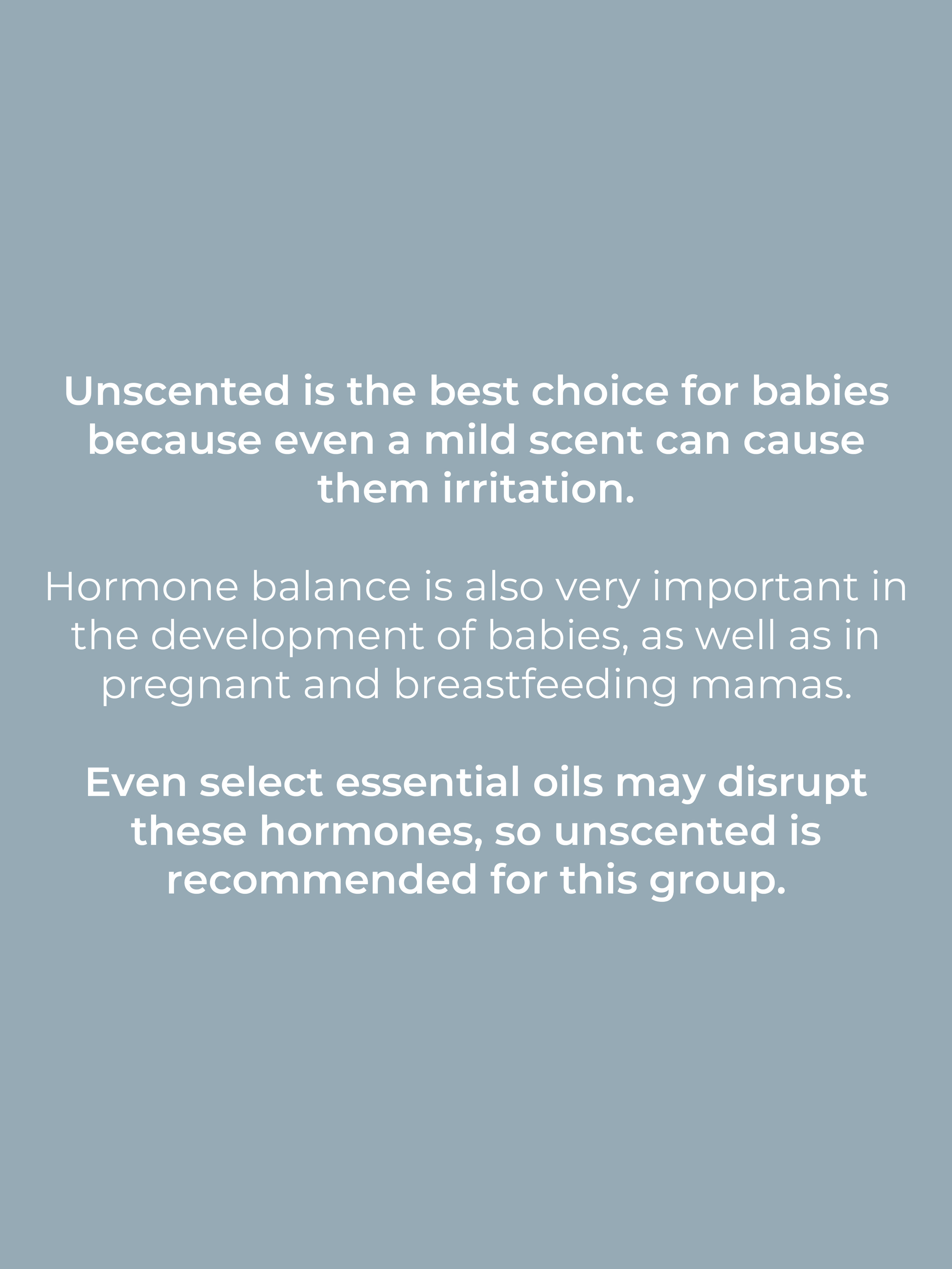 White text on grey notes that Rustic Strength Dish Soap | Mama + Baby Safe, which is unscented and baby-safe, is best for babies and pregnant or breastfeeding women since even mild scents or essential oils may cause irritation or disrupt hormones.