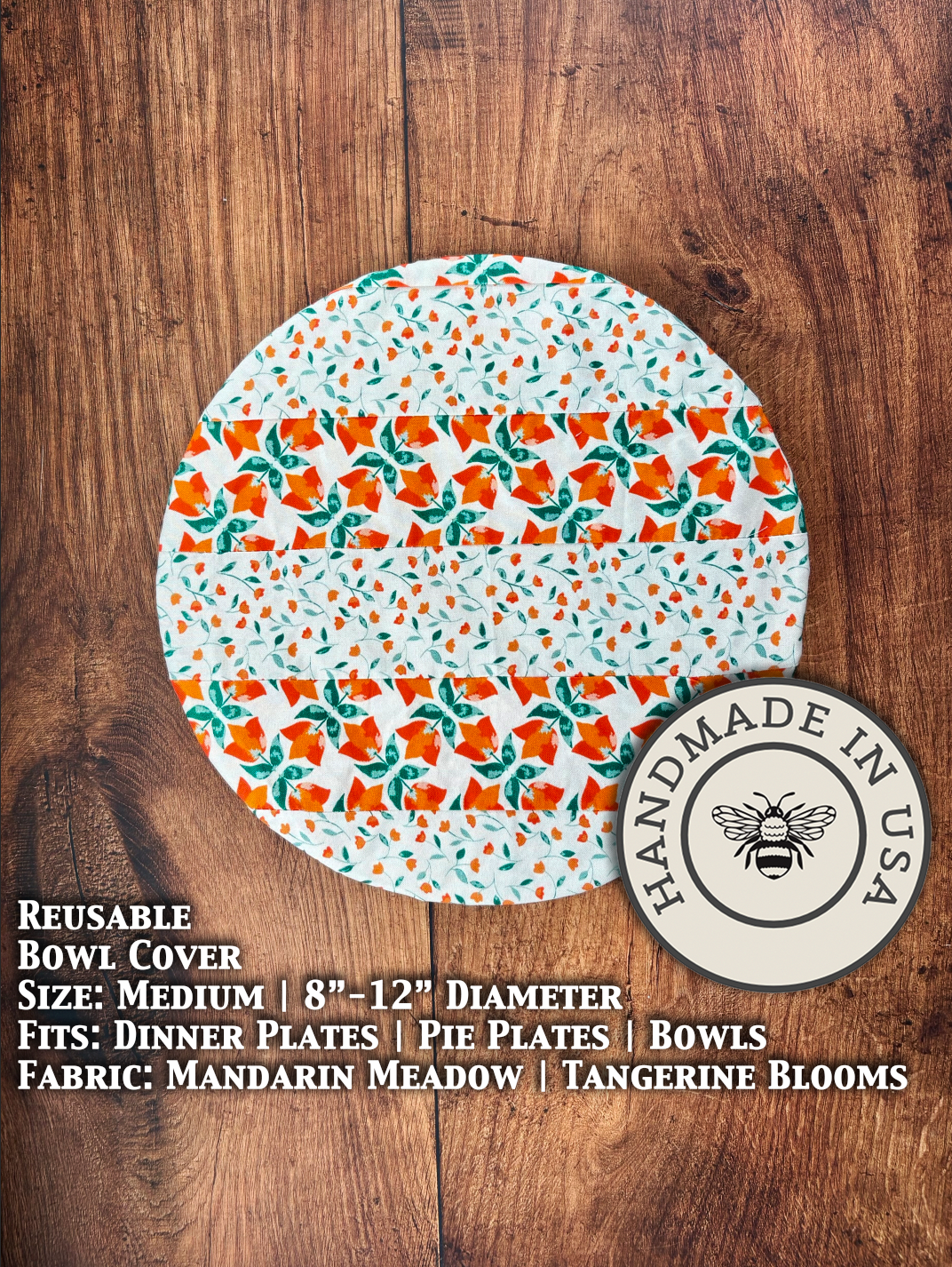 Medium bowl and banneton covers from Five Oaks Farm with Manadrin Meadow Tangerine Bloom design, featuring natural woven textures.