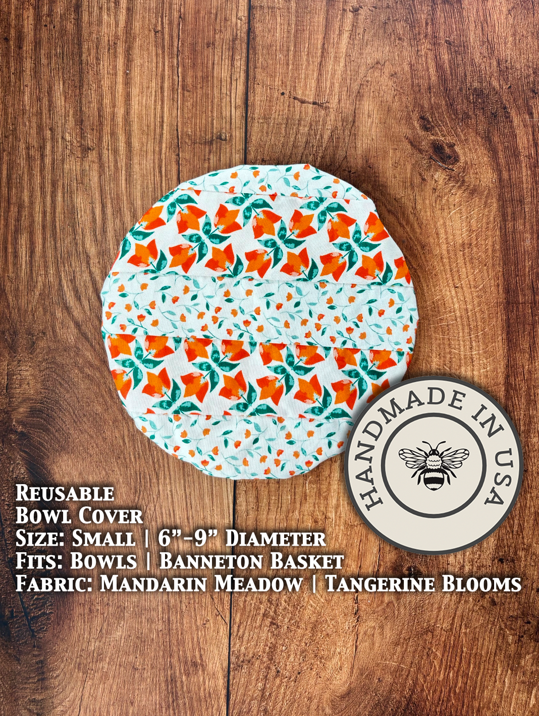 Small bowl and banneton covers from Five Oaks Farm, featuring natural fabric with mandarin meadow tangerine blossom design.