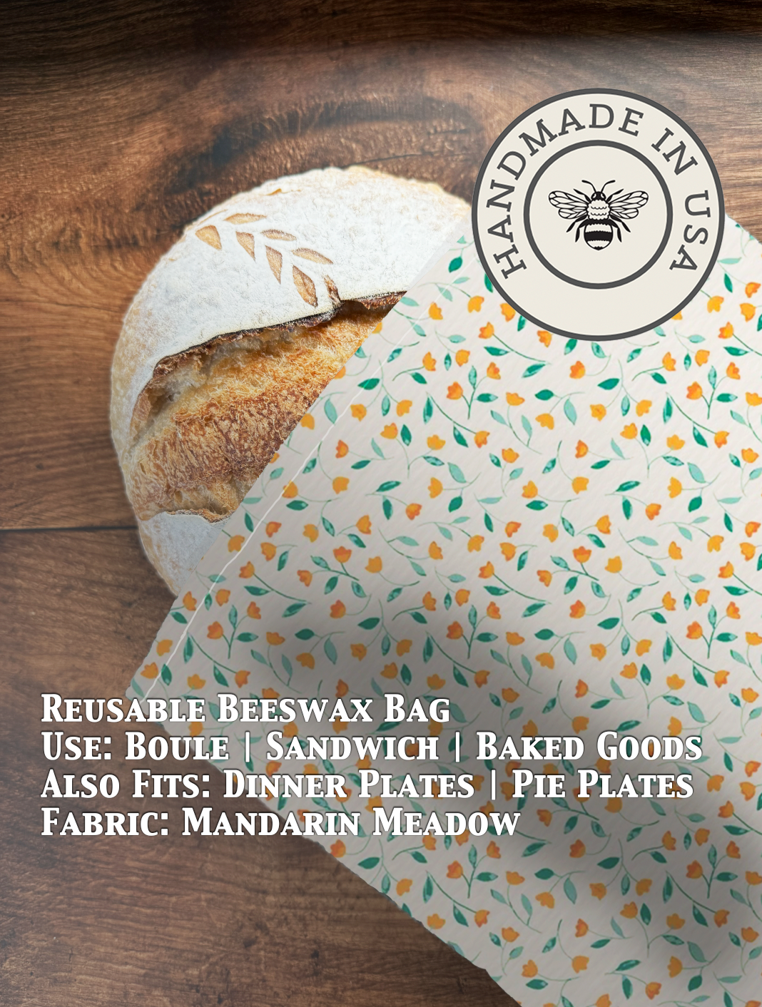 Beeswaxed bread bag from Five Oaks Farm with a natural fabric design, ideal for storing fresh bread in a sustainable way.