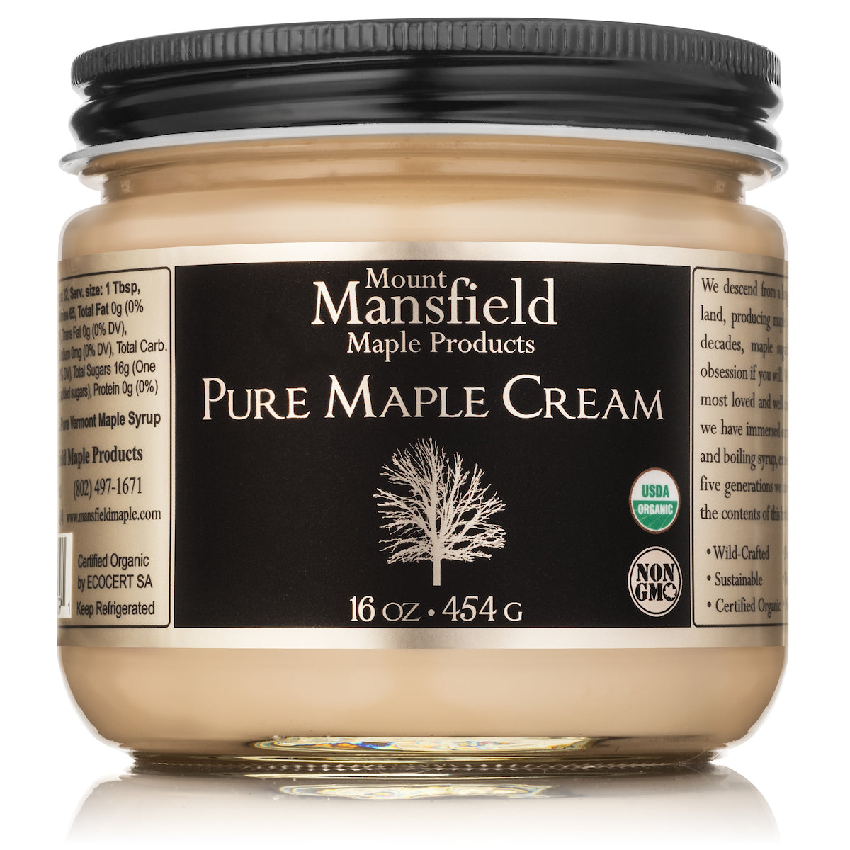Organic Vermont maple cream by Mount Mansfield Maple Products, smooth and creamy spread in a 16oz jar.