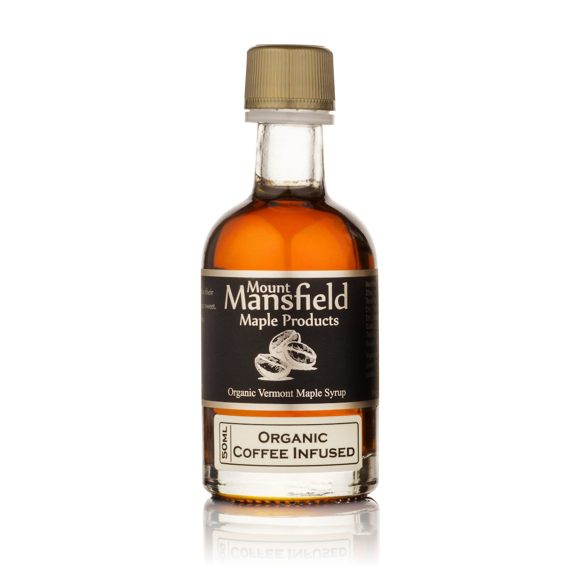 50ml bottle of Mount Mansfield Maple Products coffee-infused Vermont maple syrup, featuring a rich, amber-colored syrup in a clear glass bottle.