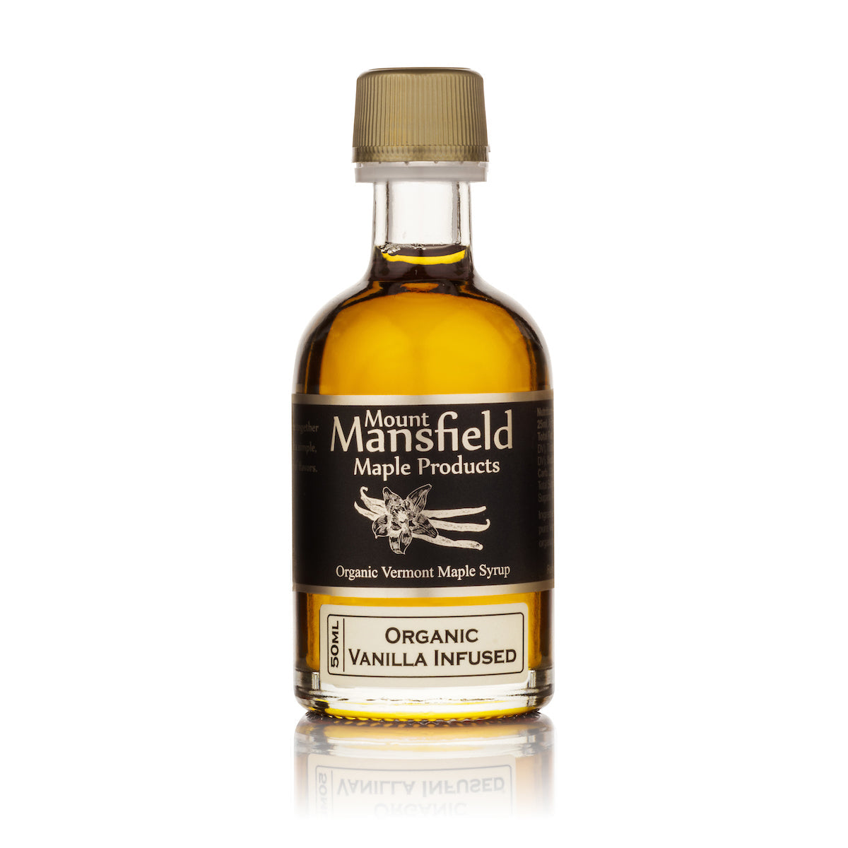 Vanilla bean infused Vermont maple syrup in a 50ml glass bottle by Mount Mansfield Maple Products.